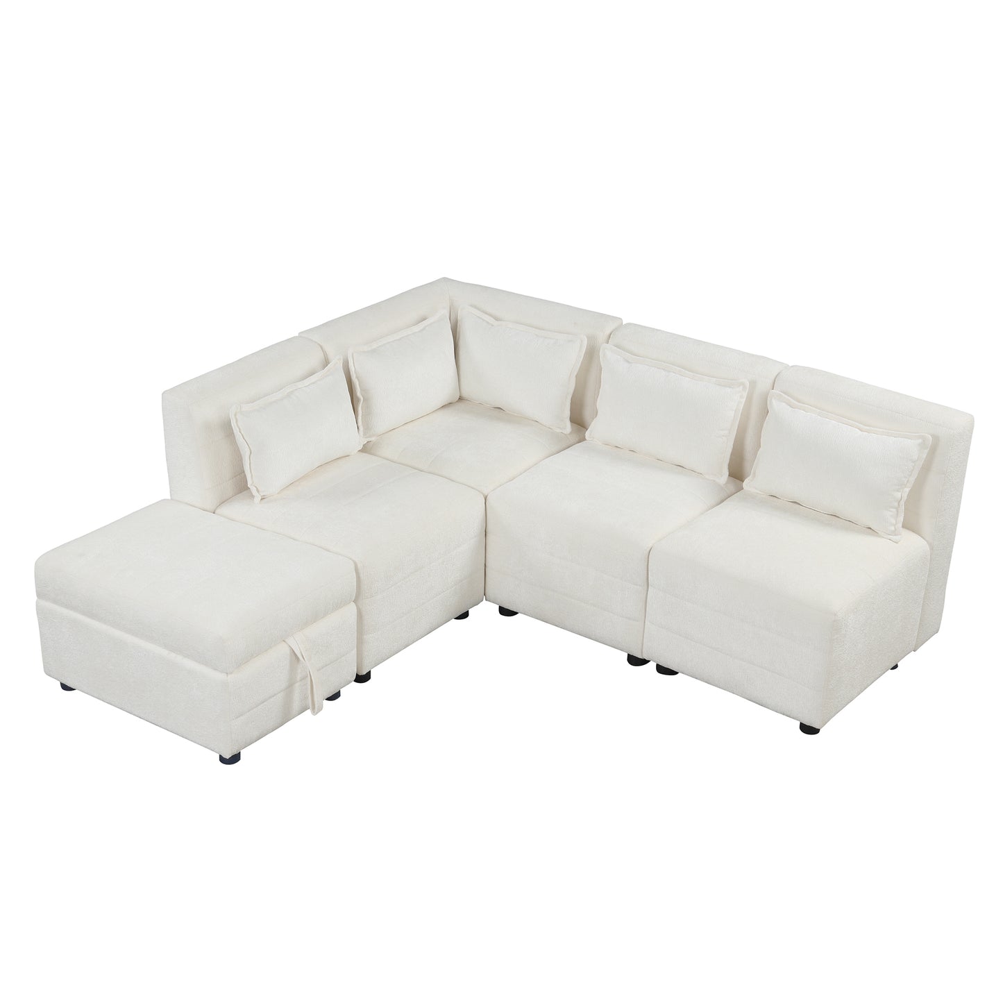 Cream 5-Seater Modular Sectional Sofa with Storage Ottoman and 5 Pillows