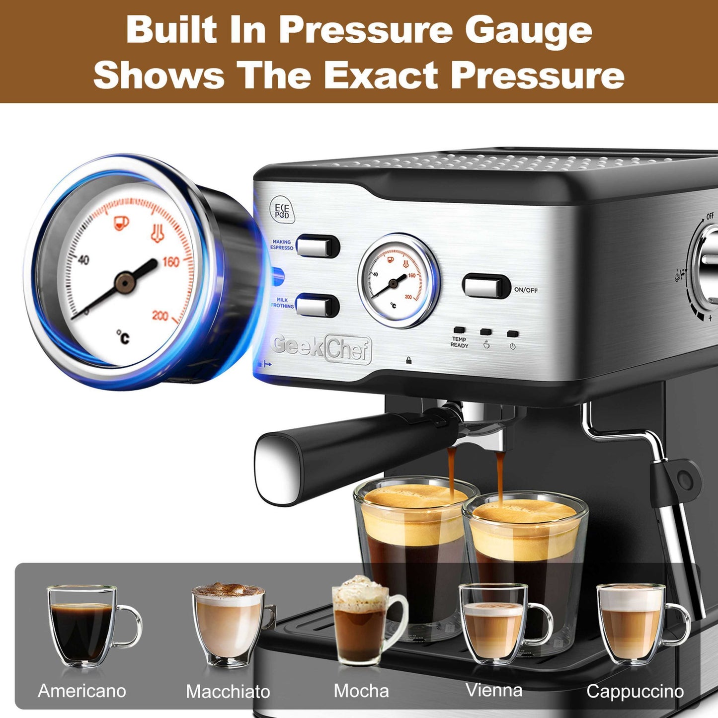 Espresso Maker With Milk Frother and Thermometer.