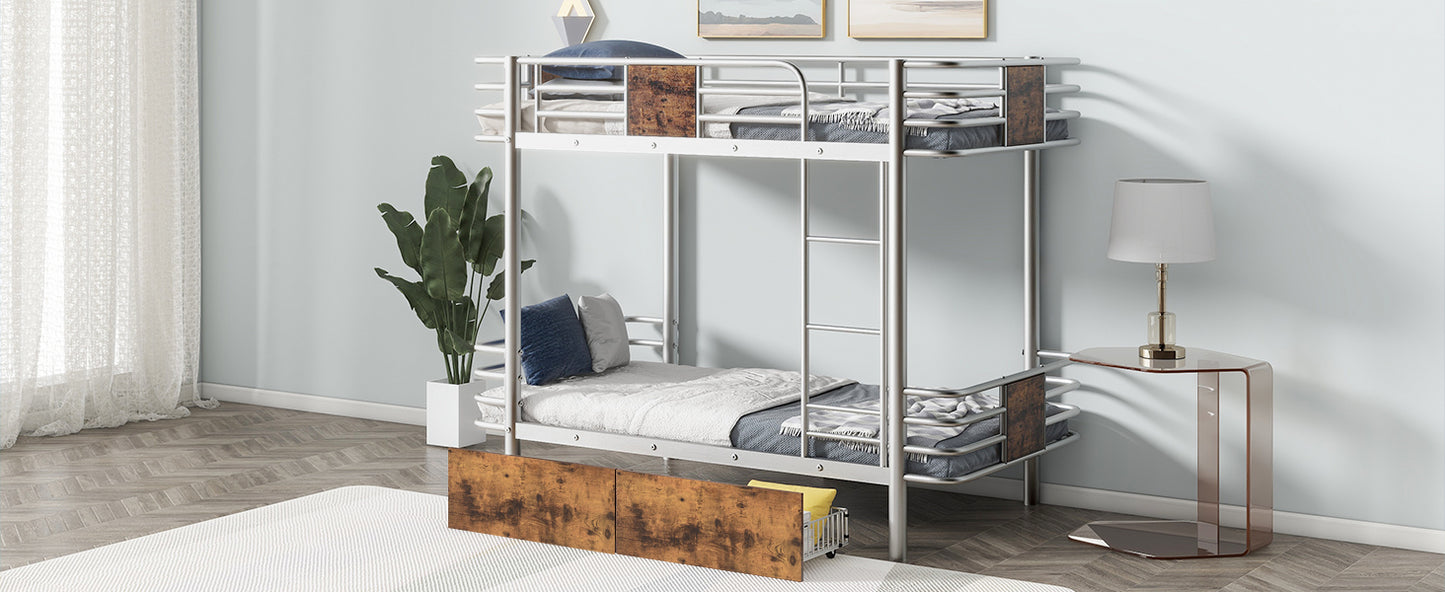 Silver Metal Bunk Bed with Twin XL Storage Drawers and Guardrail