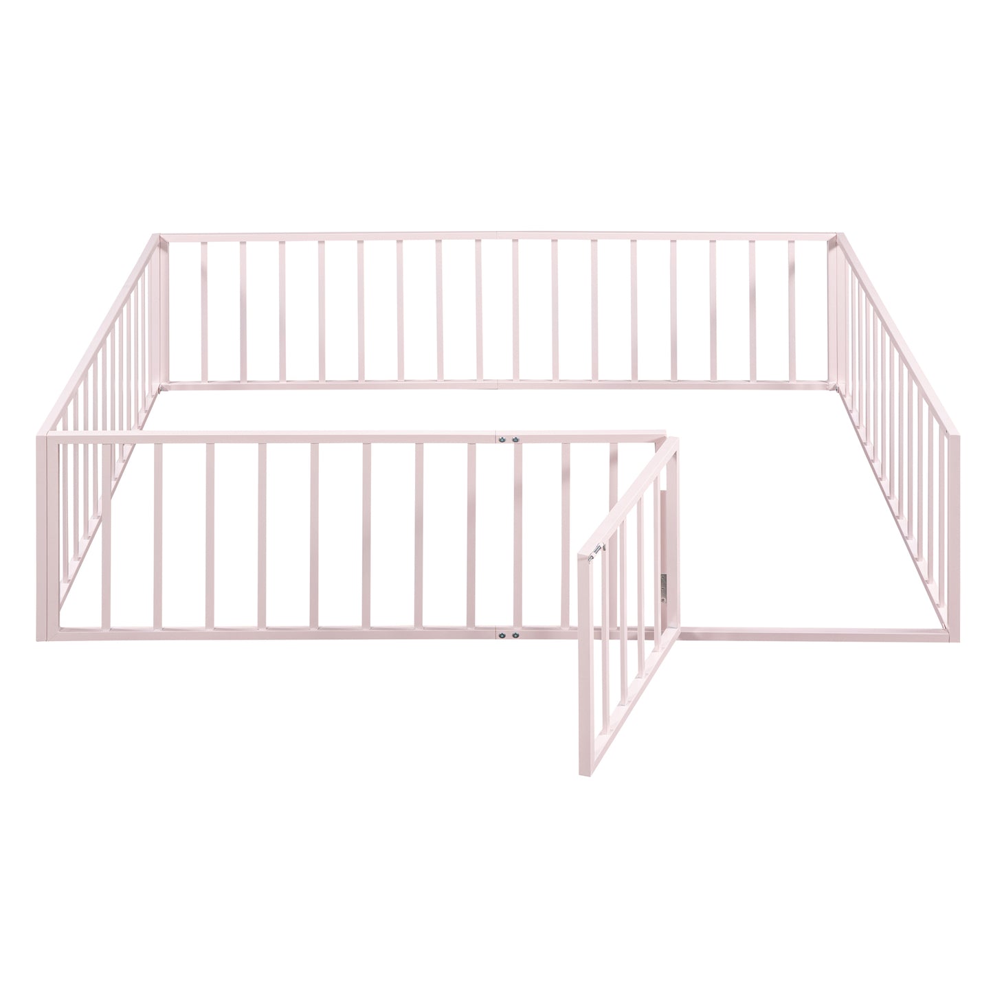 Queen Size Metal Floor Bed Frame with Fence and Door, Pink