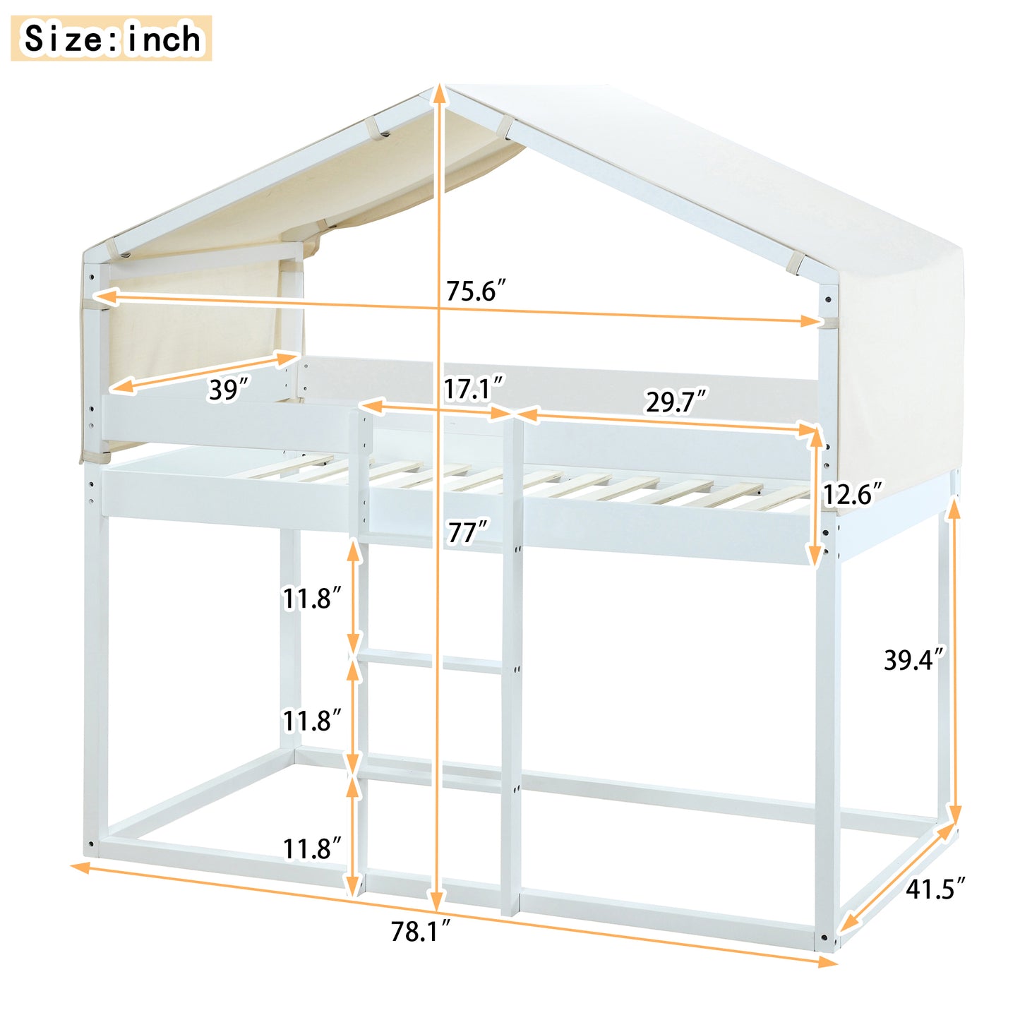 White House-Shaped Twin Over Twin Bunk Bed with Playhouse Tent