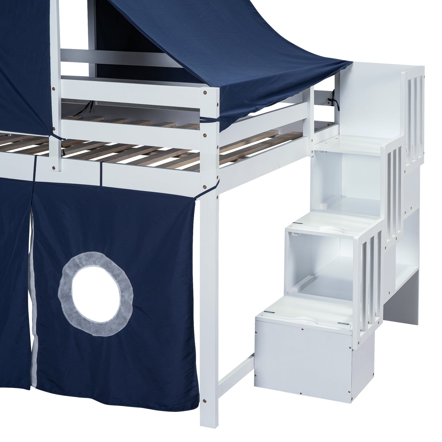 Full Size Loft Bed with Tent and Tower - Blue