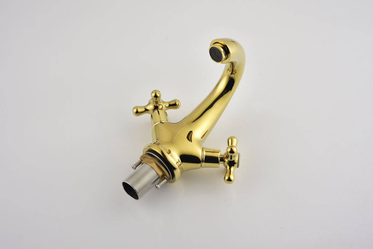 Gold Polished Bathroom Sink Faucet with Double Cross Knobs and Cover Plate