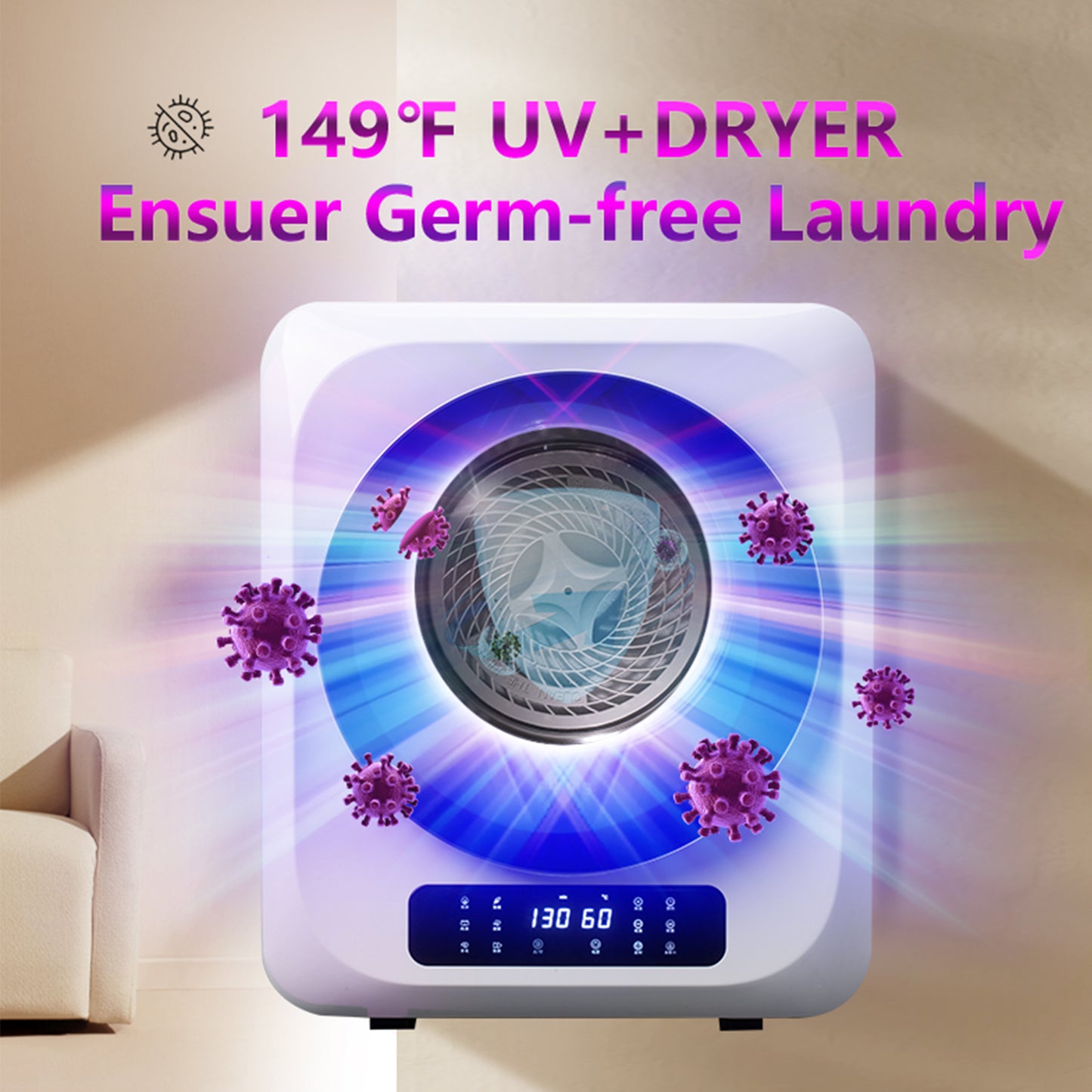 6.6lbs Portable Mini Cloth Dryer Machine FCC Certificate PTC Heating Tumble Dryer Electric Control Panel,White Body with Glass Door,120V/850W,for Home/Apartment/Dorms,UV Sterilizaiton,Digital display