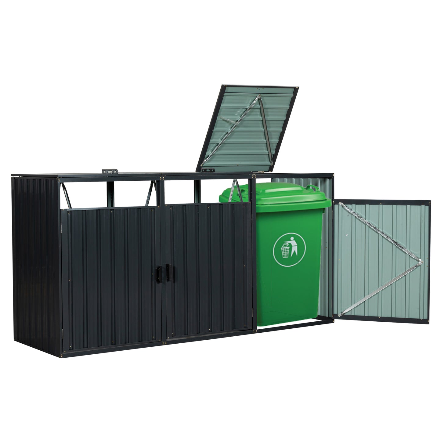 Garbage Bin Shed Stores 3 Trash Cans Metal Outdoor Bin Shed for Garbage Storage,Stainless Galvanized Steel, Bin Shed for Garden Yard Lawn W540S00009