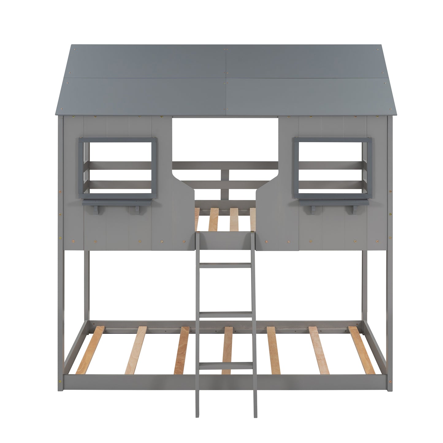 Gray Playhouse Bunk Bed with Twin Over Twin Design