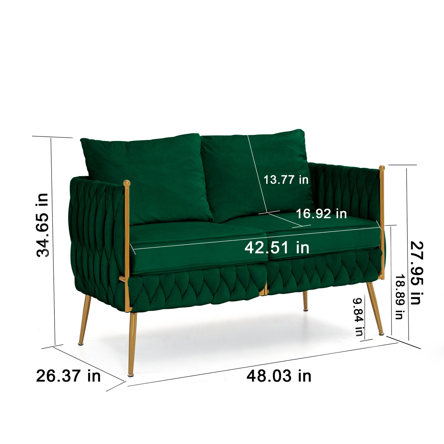 Mid Century Modern Velvet Loveseat Sofa Small Love Seats Handmade Woven & Golden Legs Comfy Couch for Living Room, Upholstered 2 Seater Sofa for Small Apartment  , Green Velvet