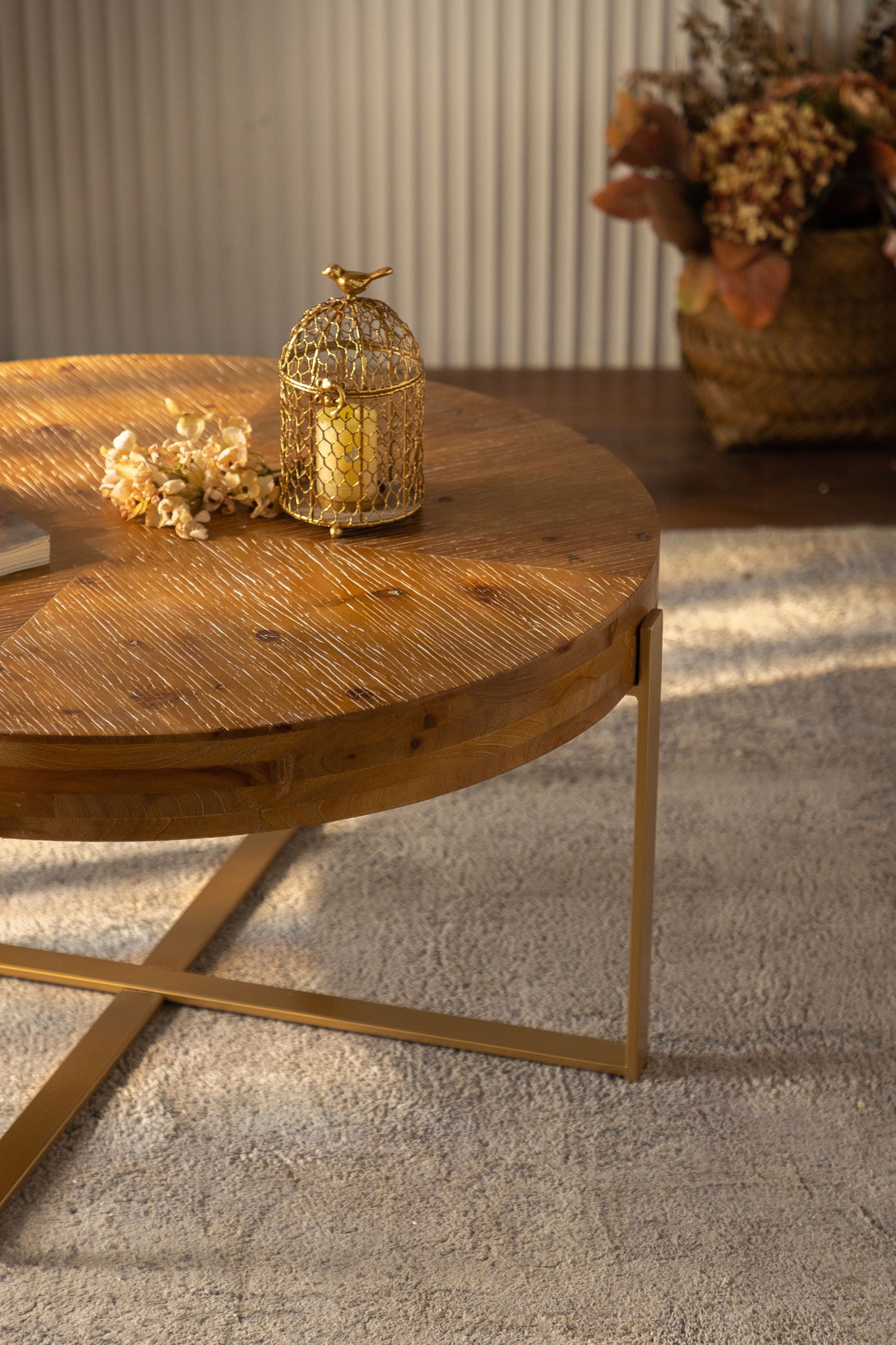 Modern Retro Splicing Round Coffee Table with Gold Cross Legs Base