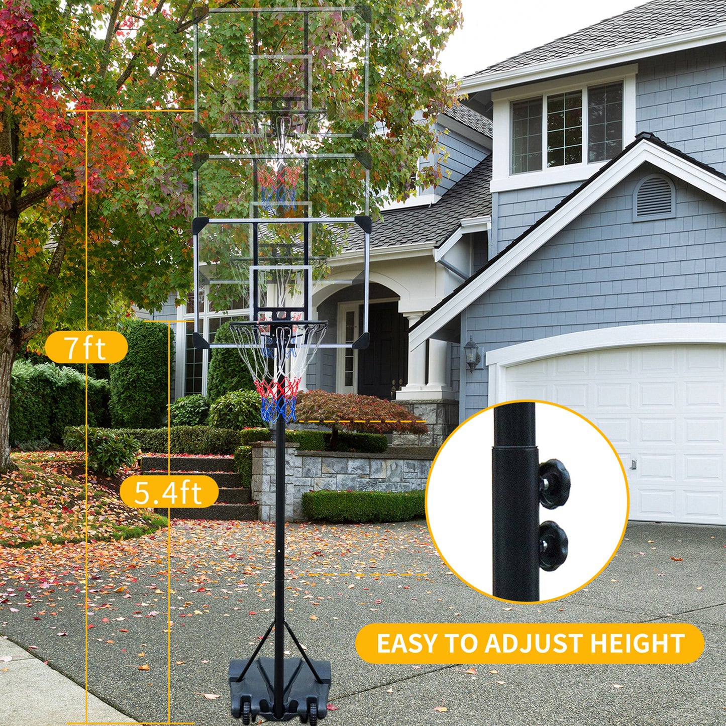 Portable Basketball Hoop Stand w/Wheels for Kids Youth Adjustable Height 5.4ft - 7ft Use for Indoor Outdoor Basketball Goals Play Set