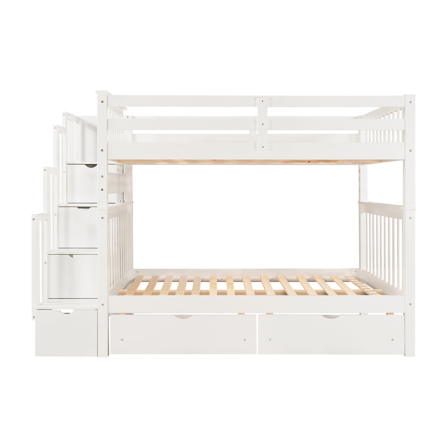 White Twin Over Twin Bunk Bed with Shelves and 6 Storage Drawers