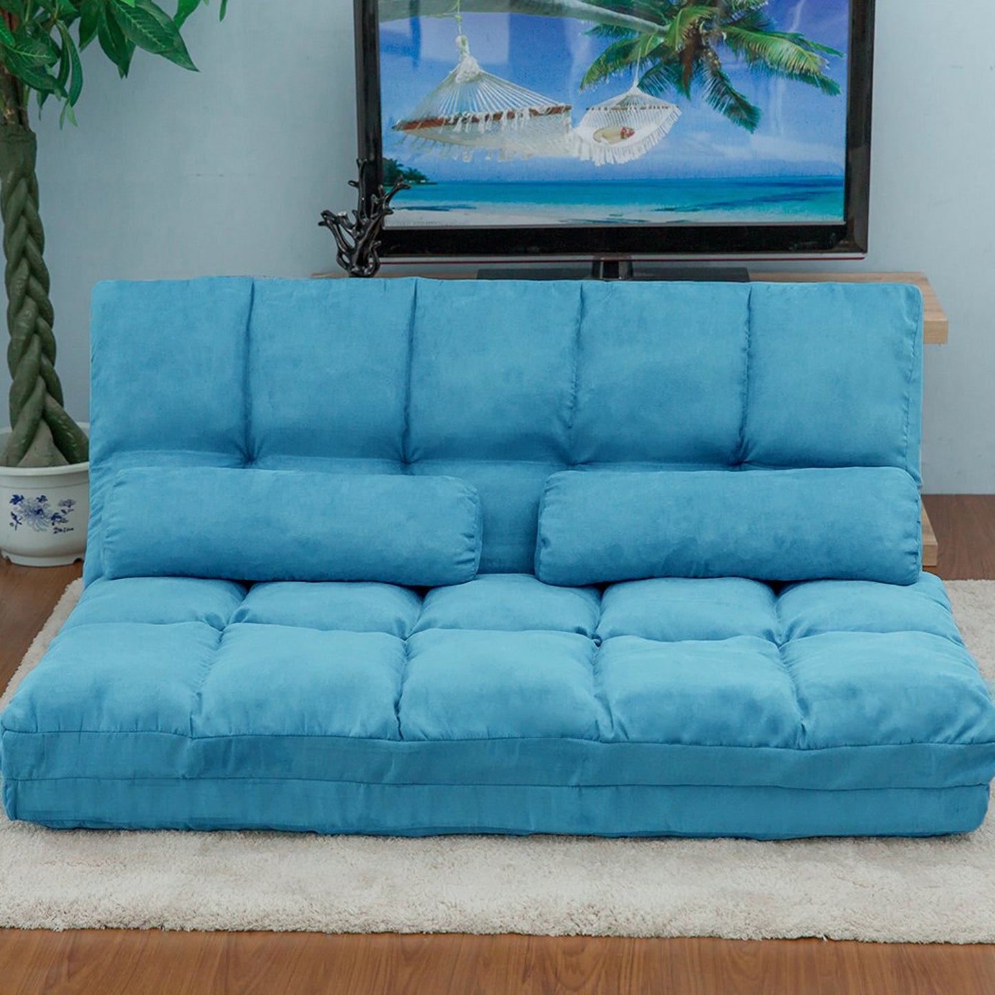 Double Chaise Lounge Sofa Floor Couch and Sofa with Two Pillows (Blue)