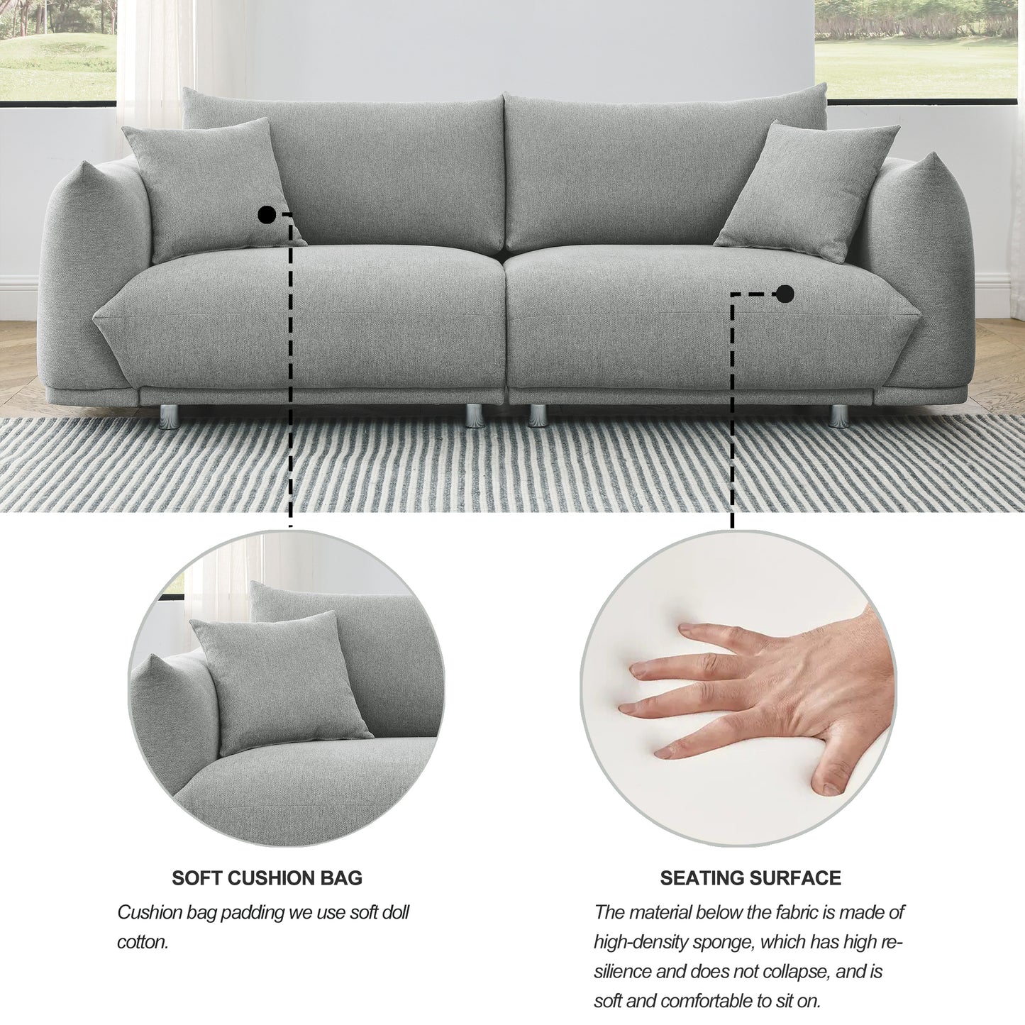 Modern Couch for Living Room Sofa,Solid Wood Frame and Stable Metal Legs, 2 Pillows, Sofa Furniture for Apartment