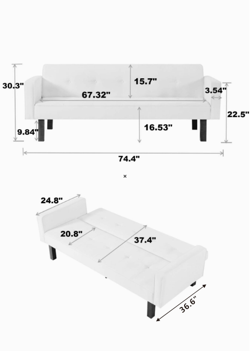 Linen upholstered modern convertible folding sofa bed with 4 solid wood feet and 1 metal center foot.