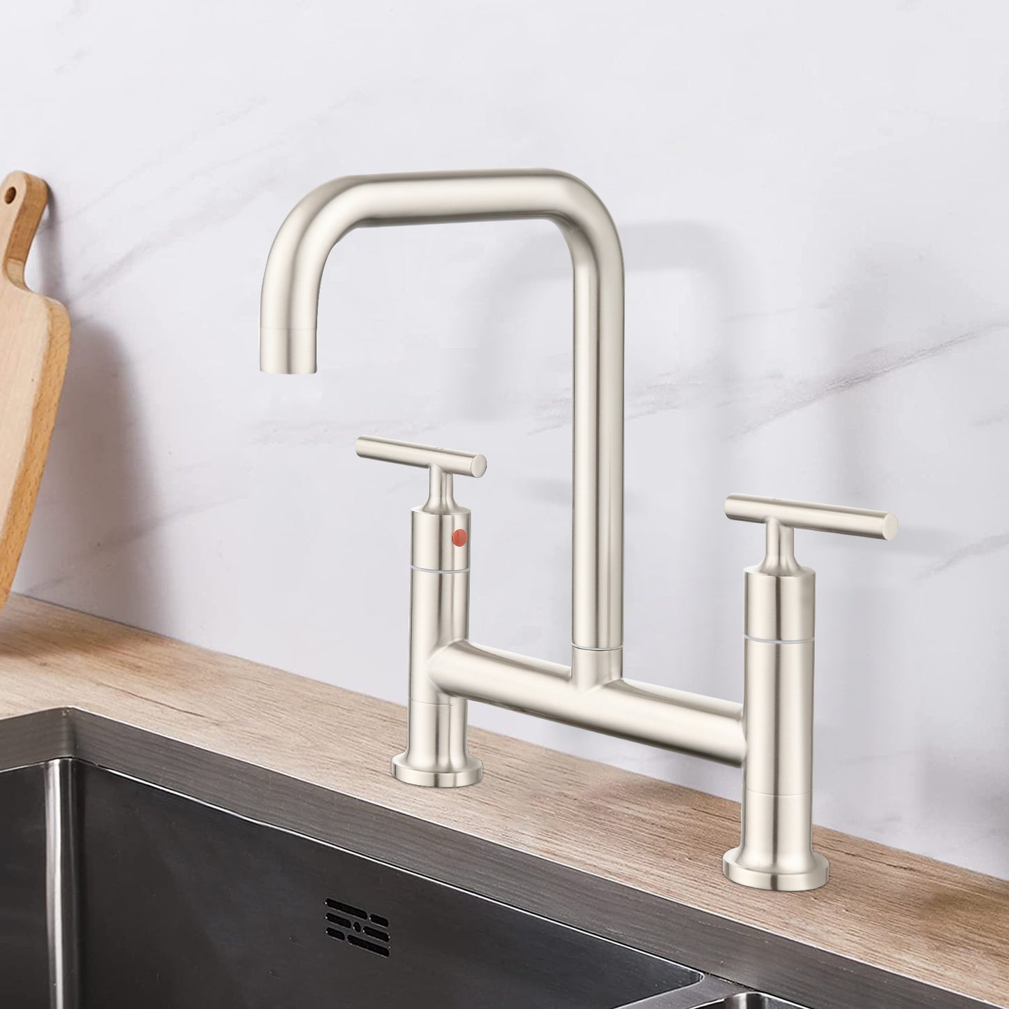 Double Handle Bridge Kitchen Faucet In Stainless Steel