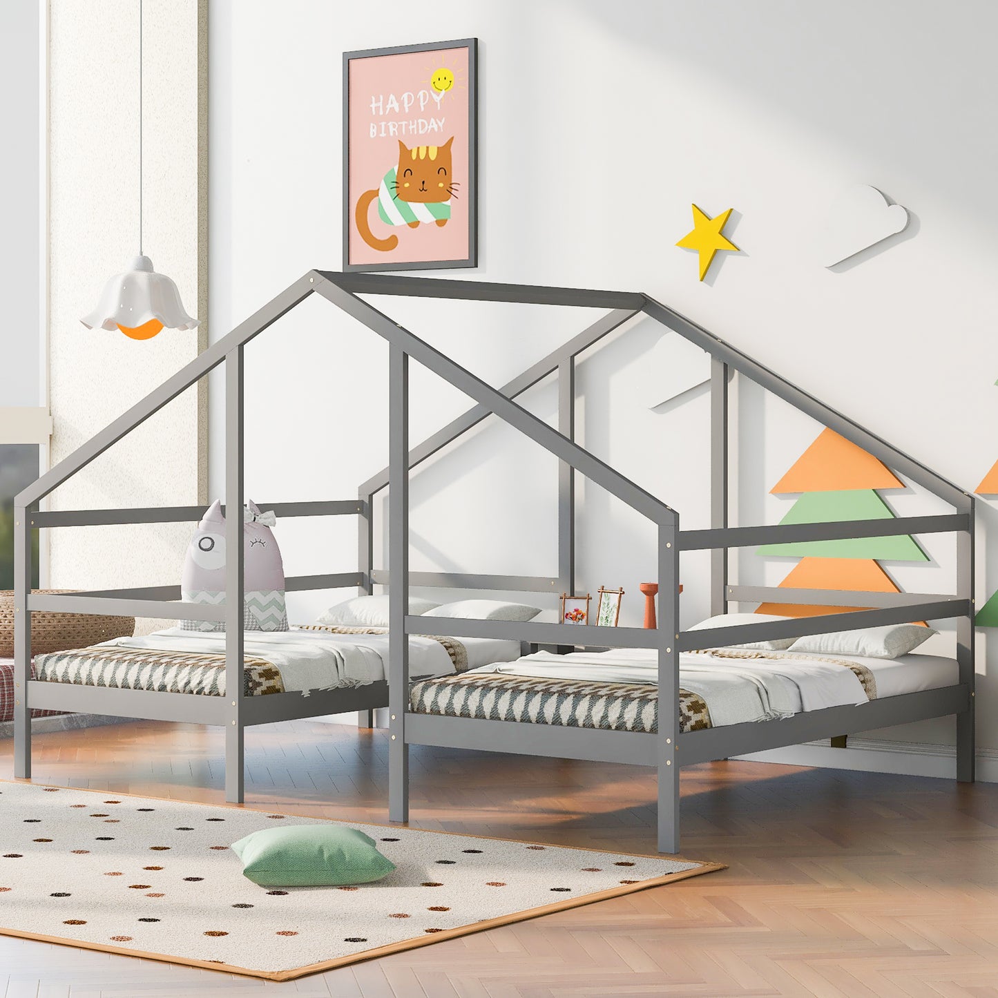 Double Twin Size Triangular House Beds with Built-in Table,Gray(: WF286895AAE)