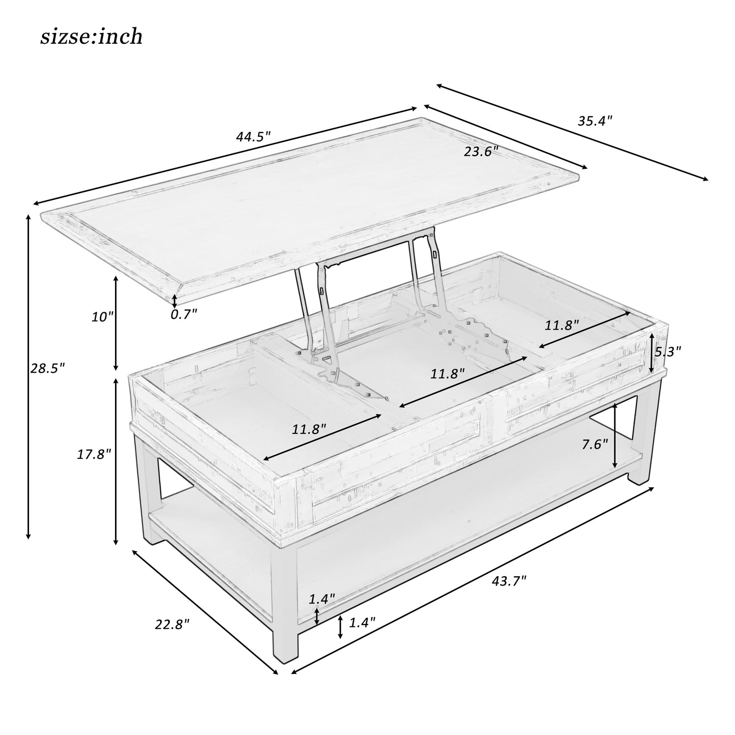 Convertible Lift Top Coffee Table with Storage Shelf - Grey Finish