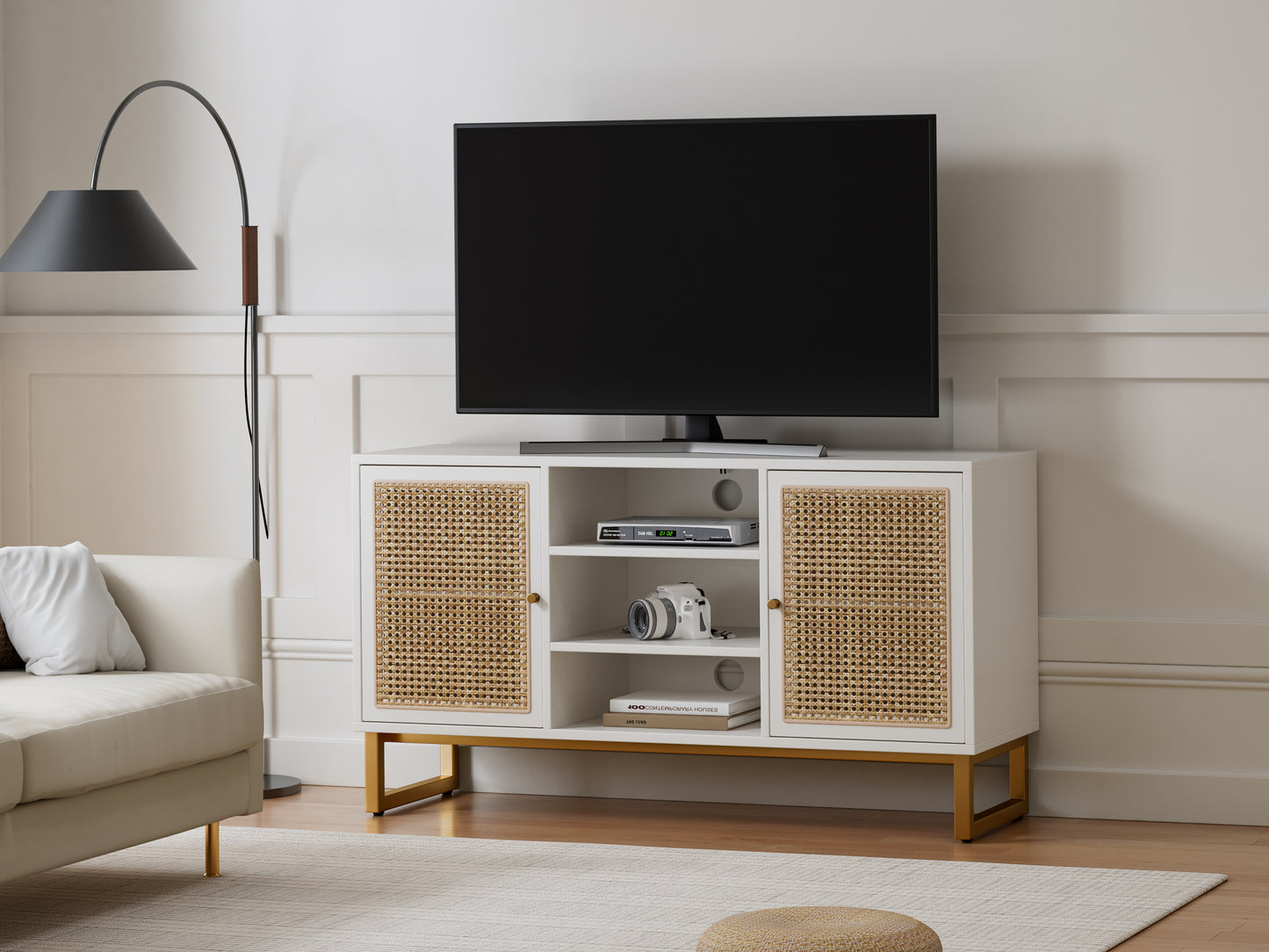 47 Inch White Rattan TV Stand with Adjustable Shelves and Metal Legs