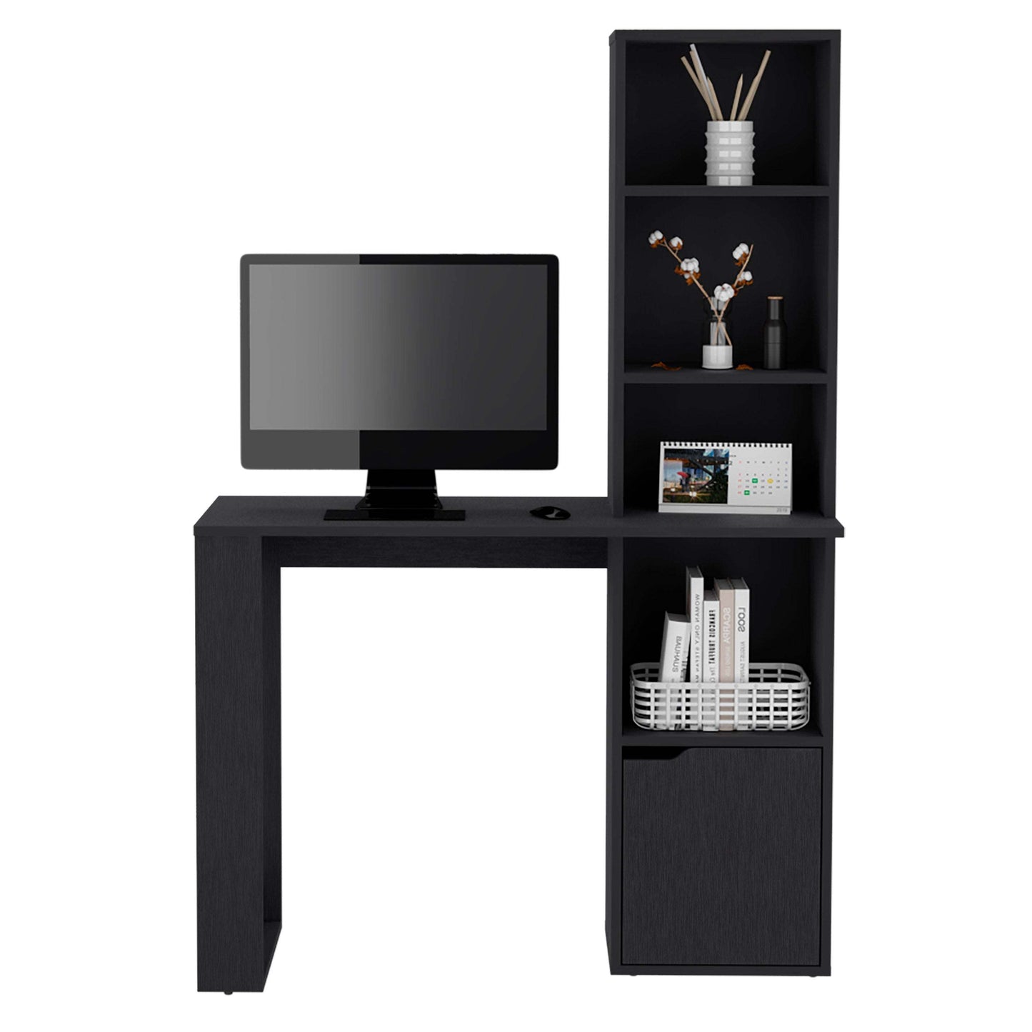 Ripley Writing Desk Combo with Bookcase and Cabinet - Black Wood Furniture with Simple Assembly