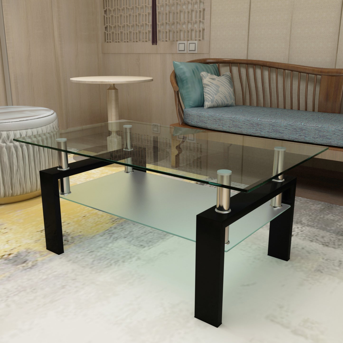 Modern Black Glass Coffee Table with Storage Shelf