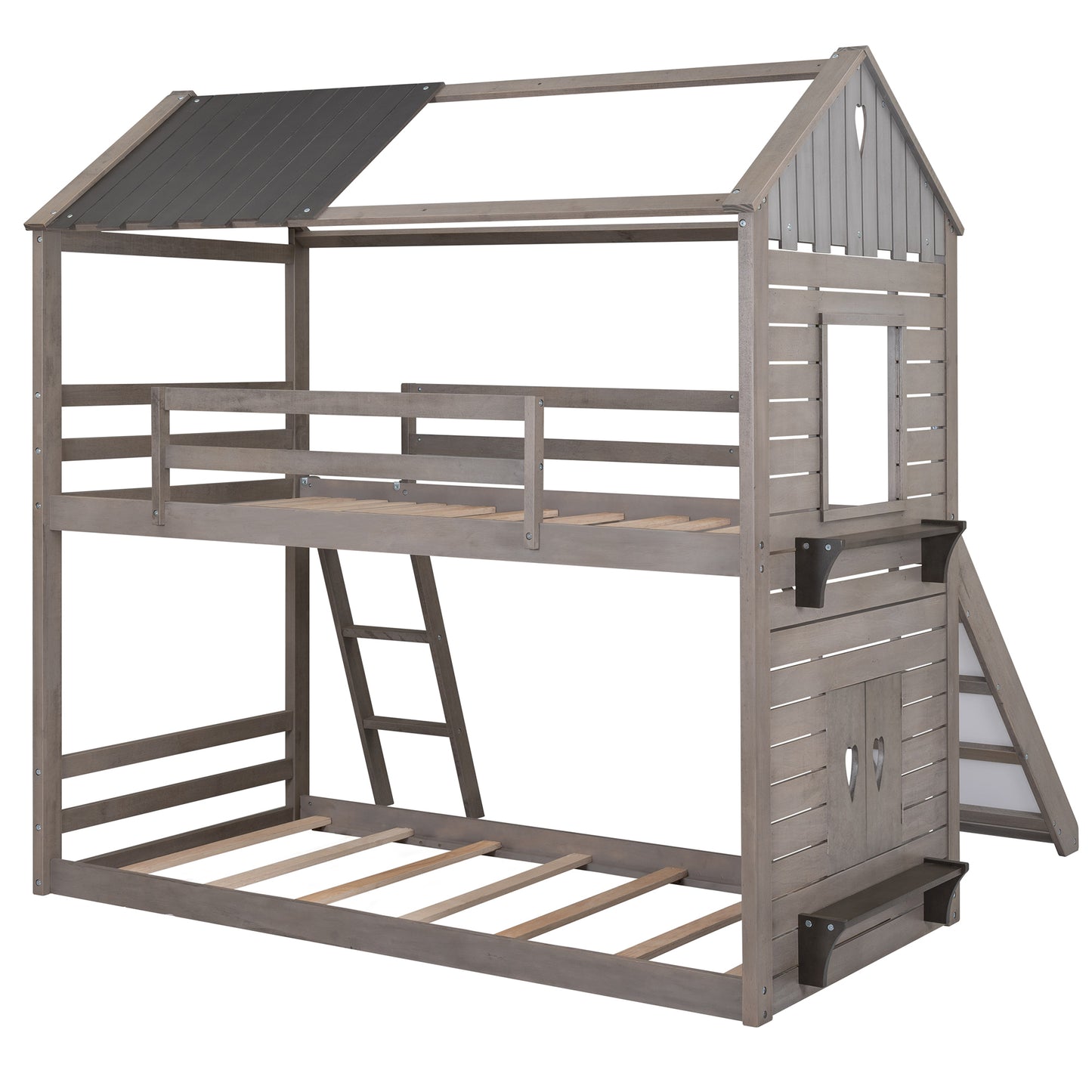 Roof and Window Twin Bunk Bed in Antique Gray Graphite