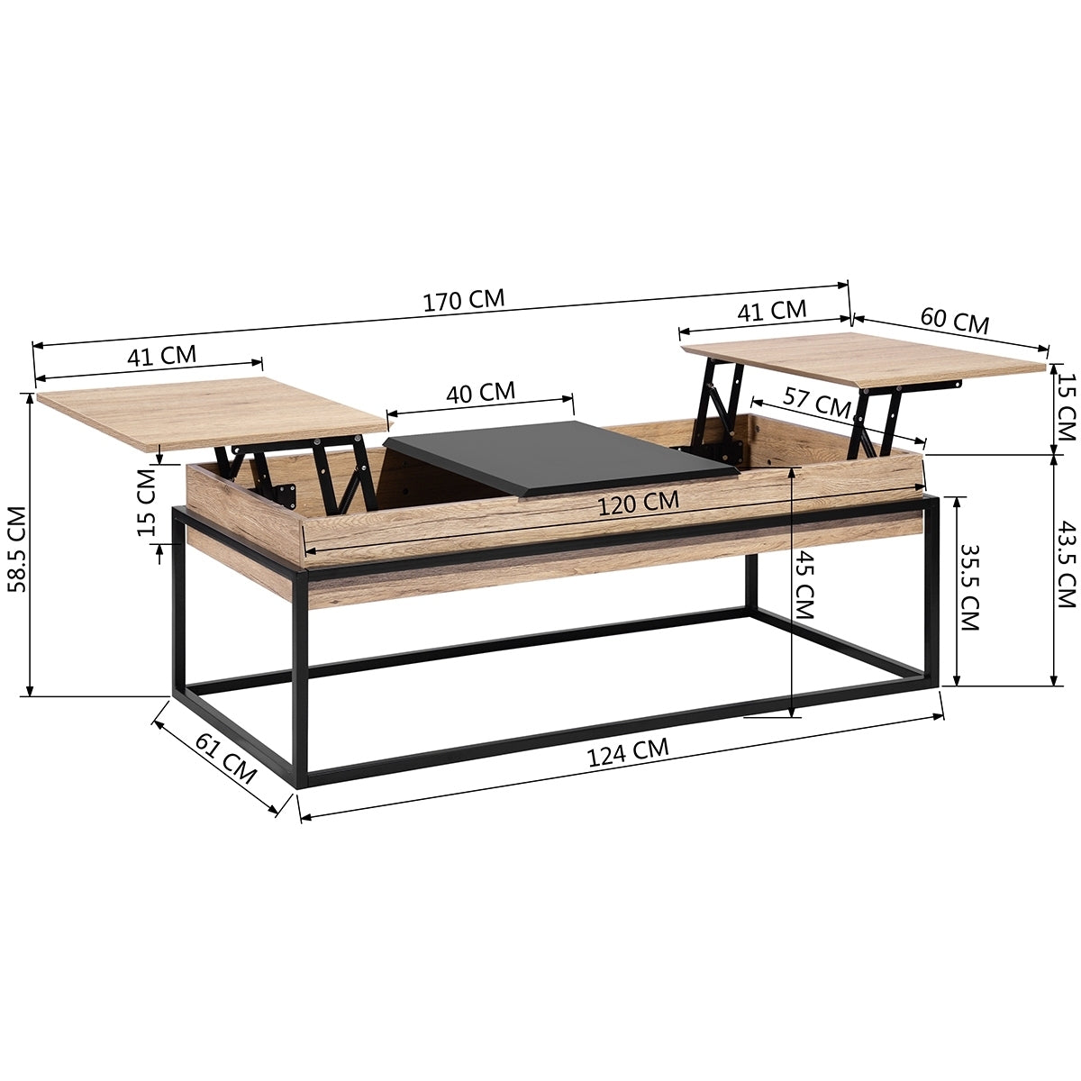 Adjustable Lift Top Coffee Table with Hidden Compartments, Metal and Wood Storage Table