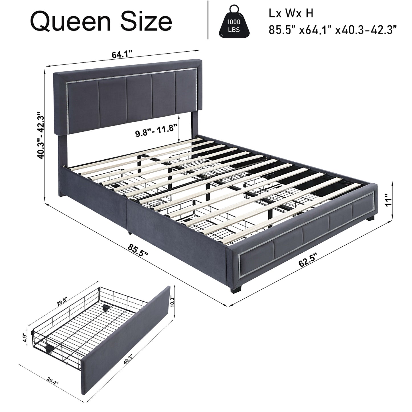 Upholstered Queen Size Platform Bed with LED Lights, Storage Bed with 4 Drawers, Gray color fabric