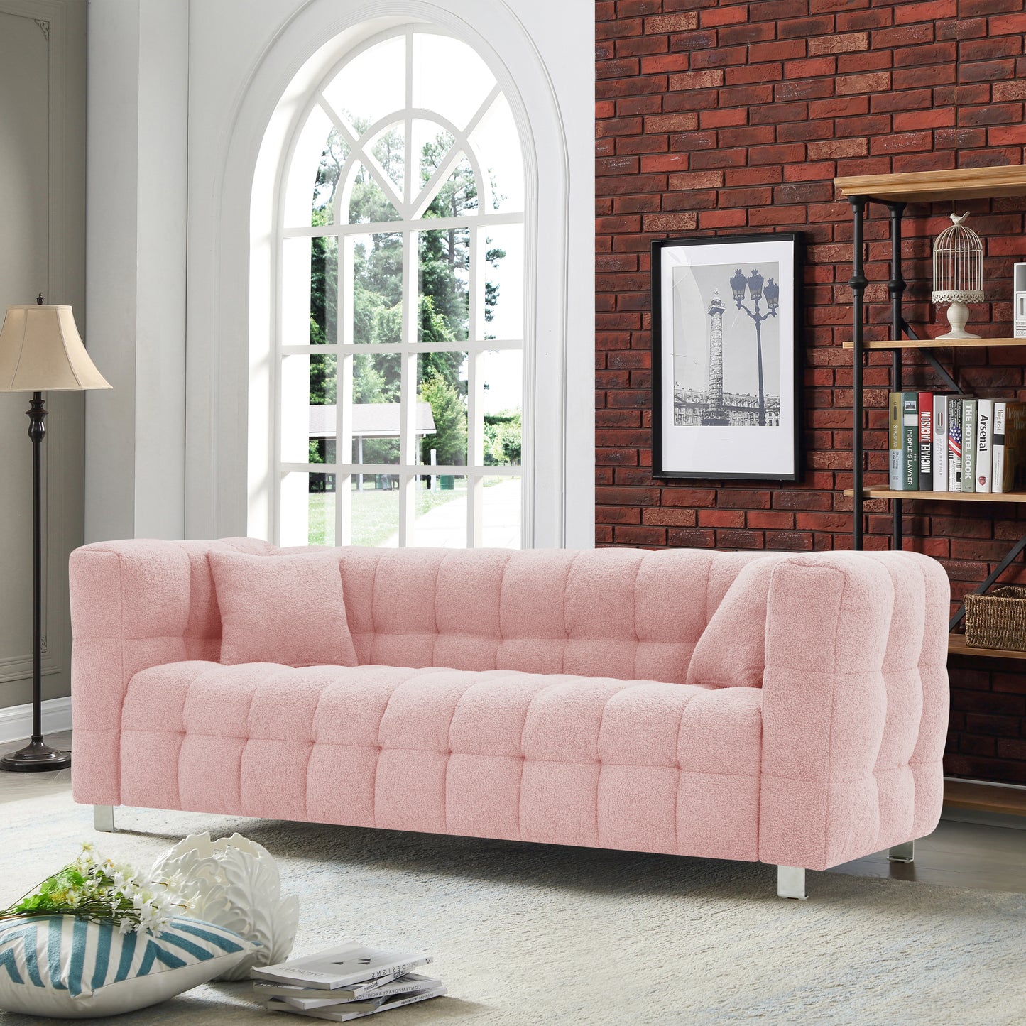 Pink teddy fleecesofa 80 inch discharge in living room bedroom with two throw pillows hardware foot support