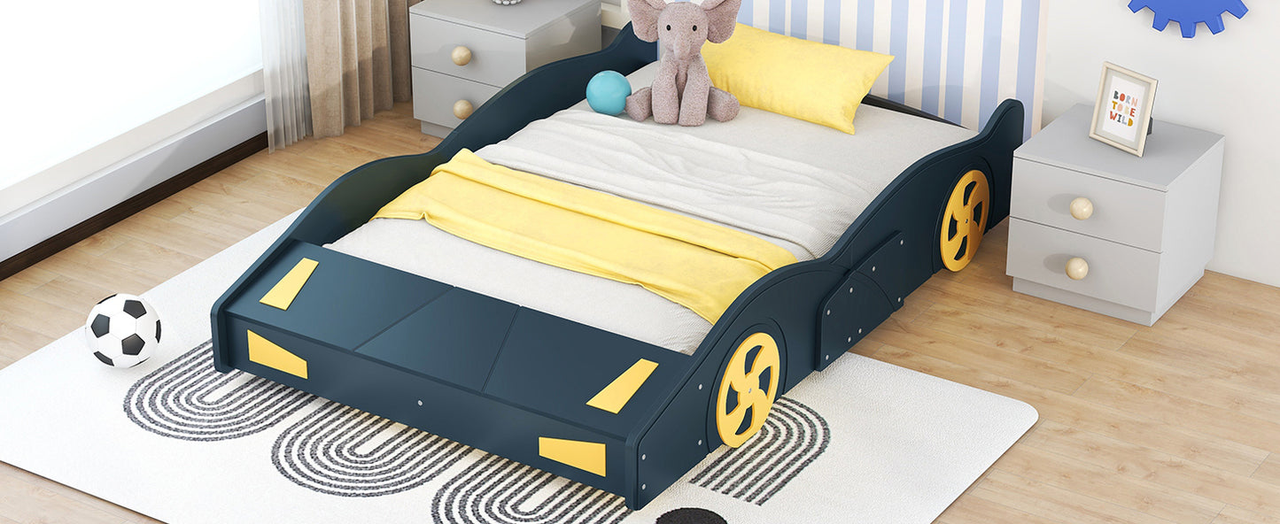 Full Size Race Car-Shaped Platform Bed with Wheels and Storage, Dark Blue+Yellow