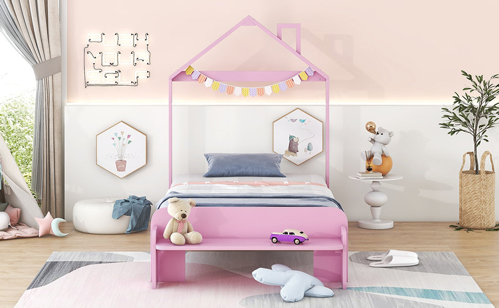 Twin Size Wood Platform Bed with House-shaped Headboard and Footboard Bench,Pink