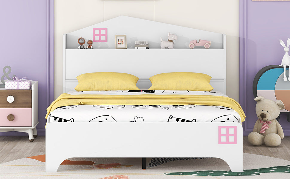 Wooden Full Size House Bed with Storage Headboard ,Kids Bed with Storage Shelf,White