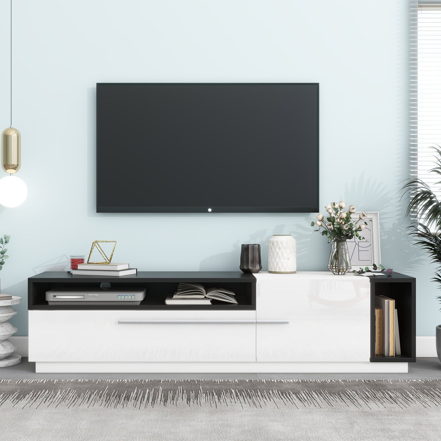 White Modern TV Stand with Two-Tone Design and Spacious Storage for TVs Up to 70