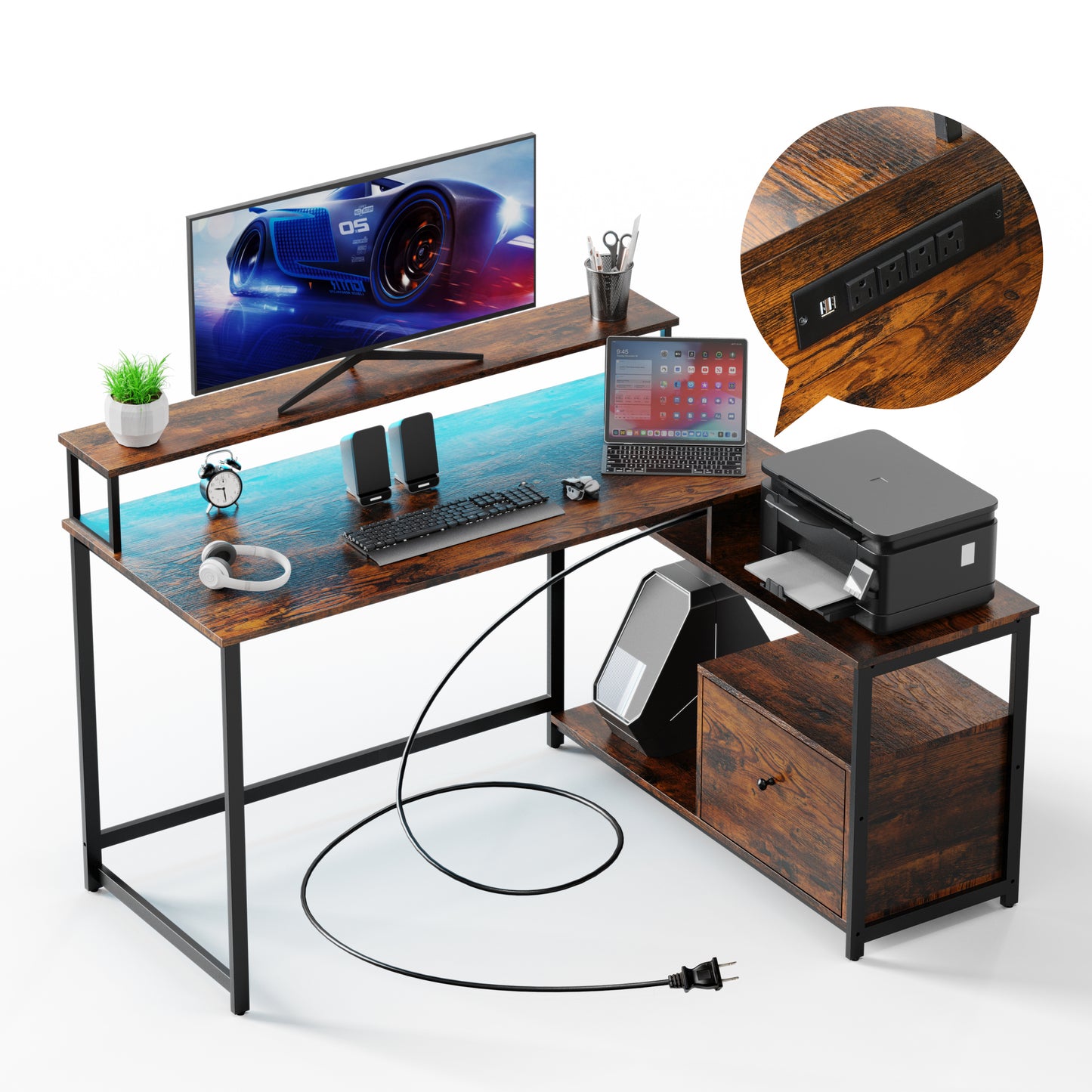 L-Shaped Rustic Brown Home Office Computer Desk with LED Strip and Multipurpose File Drawer