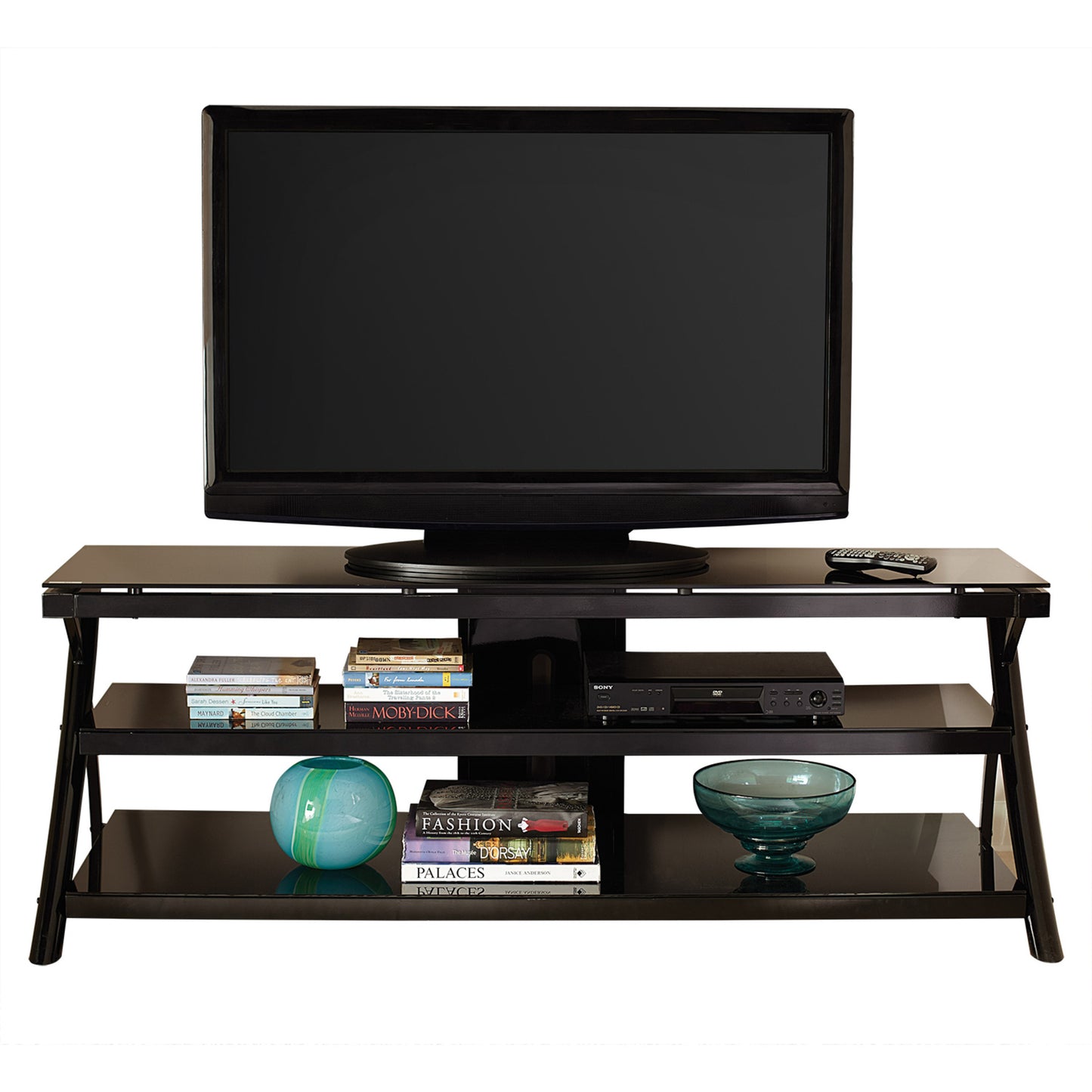 Sleek Modern TV Stand with Smart Cord Management - Black Finish, Smoked Glass Shelves, and Metal Legs