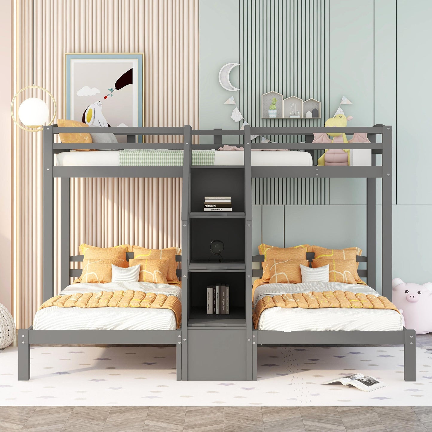 Gray Triple Twin Bunk Bed with Staircase and Storage Drawer