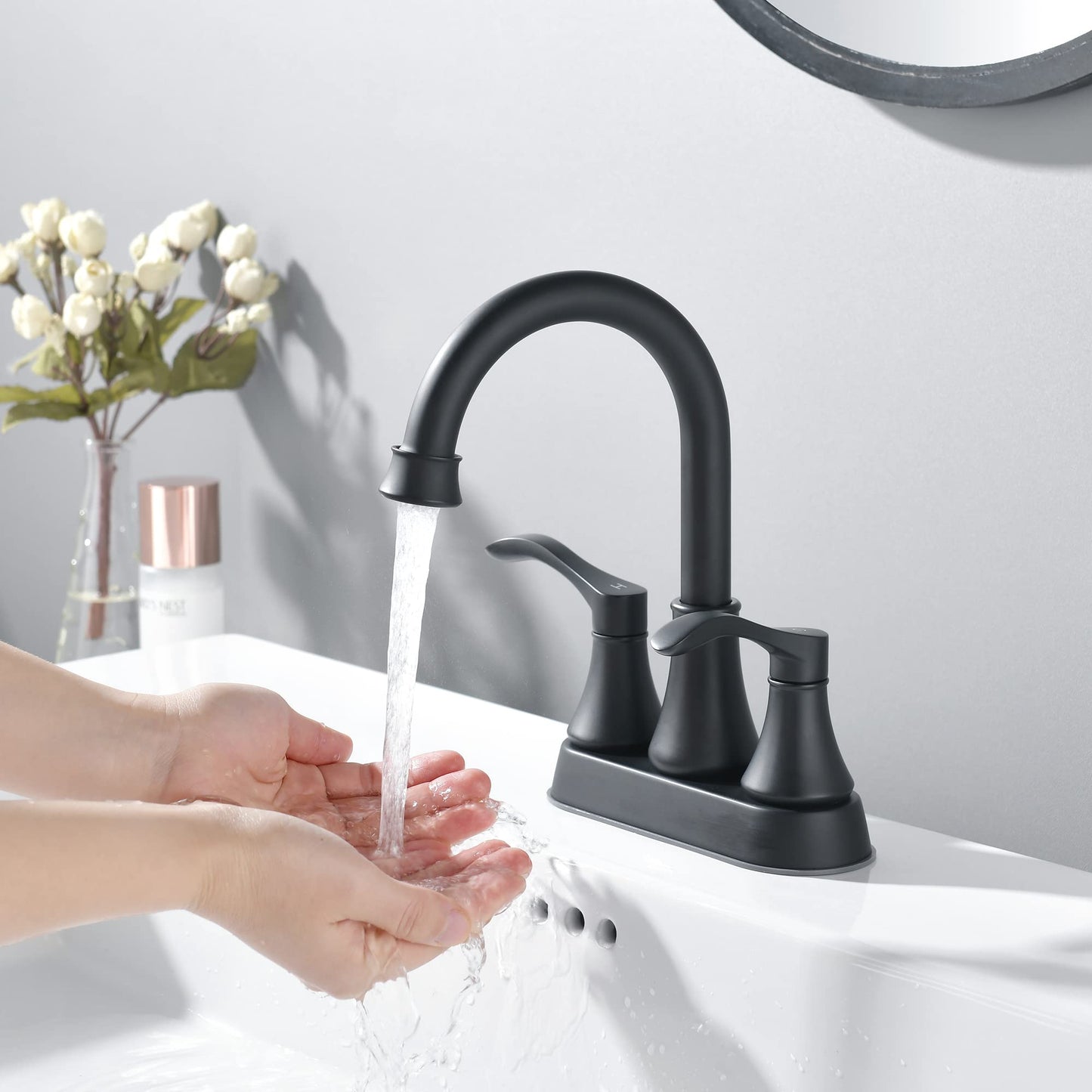 2-Handle Matte Black Bathroom Faucet with Stainless Steel Pop-Up Drain Sets for Centerset RV Bathroom