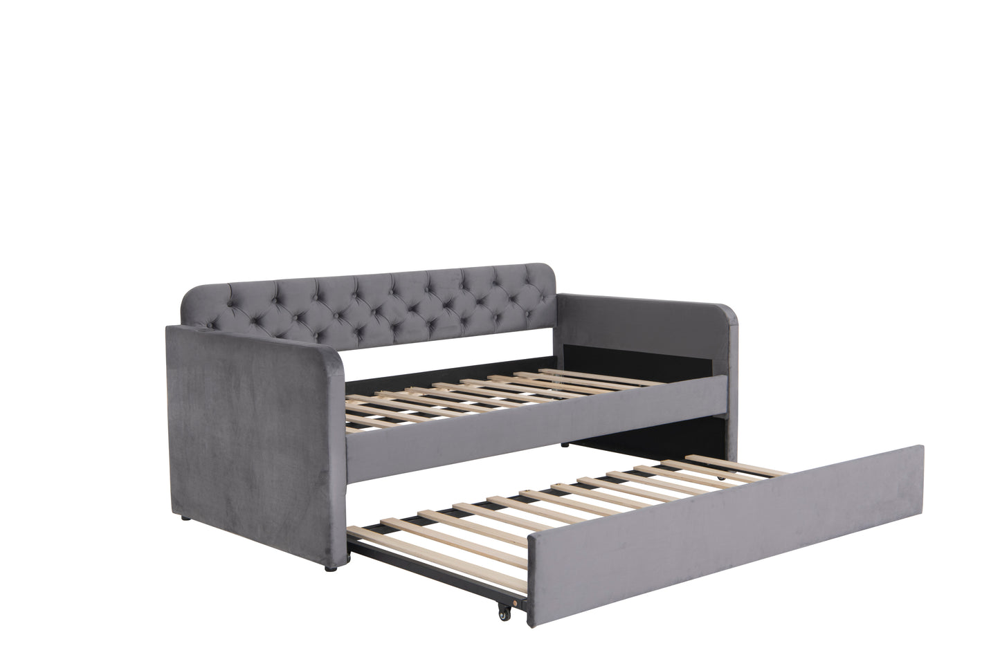 Twin Size Upholstered Daybed with Trundle and USB Charging Design, Velvet Upholstered Daybed Frame, Twin Sofa Bed for Living Room Bedroom, No Box Spring Needed,Plush velvet fabric dark grey 18#