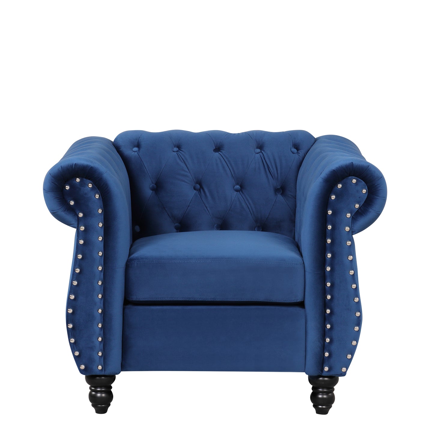 39 Plush Blue Upholstered Modern Sofa with Solid Wood Legs and Buttoned Tufted Backrest