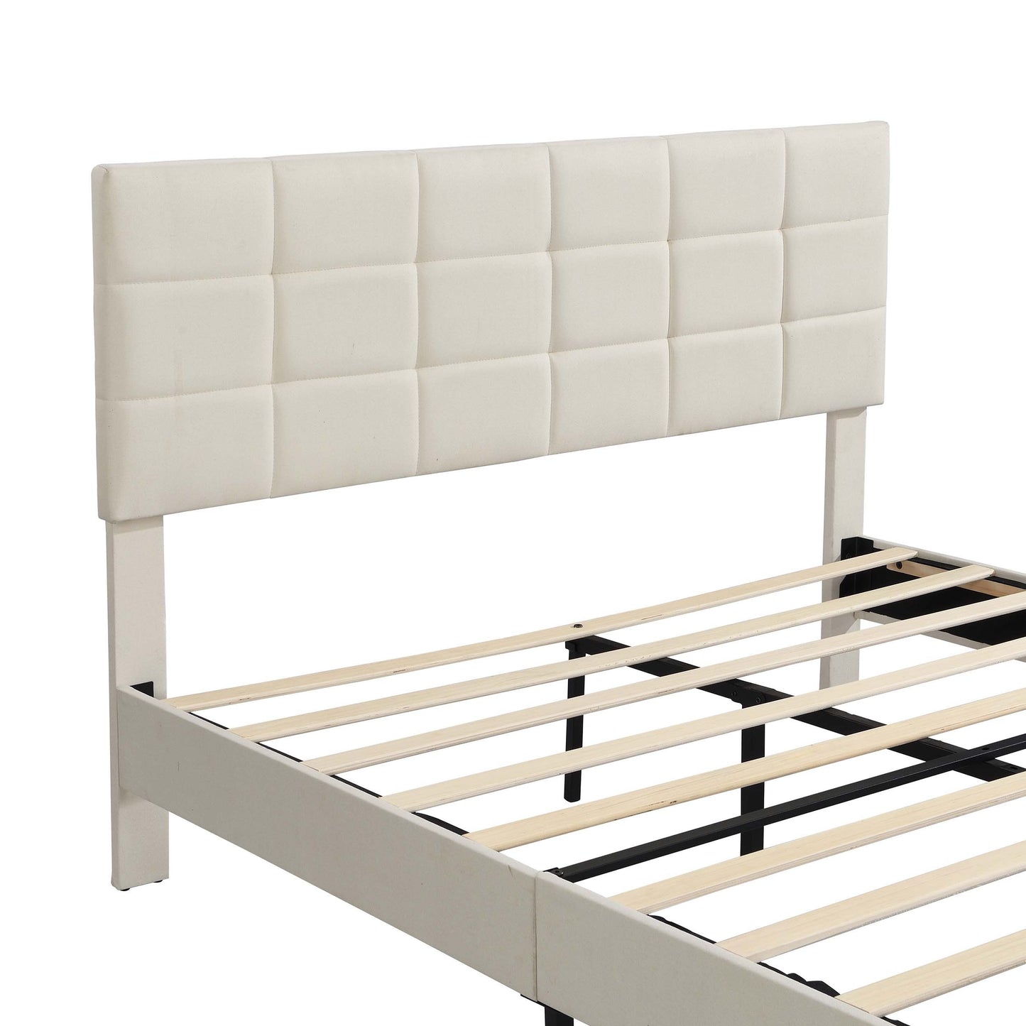 Queen Size Platform Bed Frame with Fabric Upholstered Headboard and Wooden Slats, No Box Spring Needed/Easy Assembly, Beige