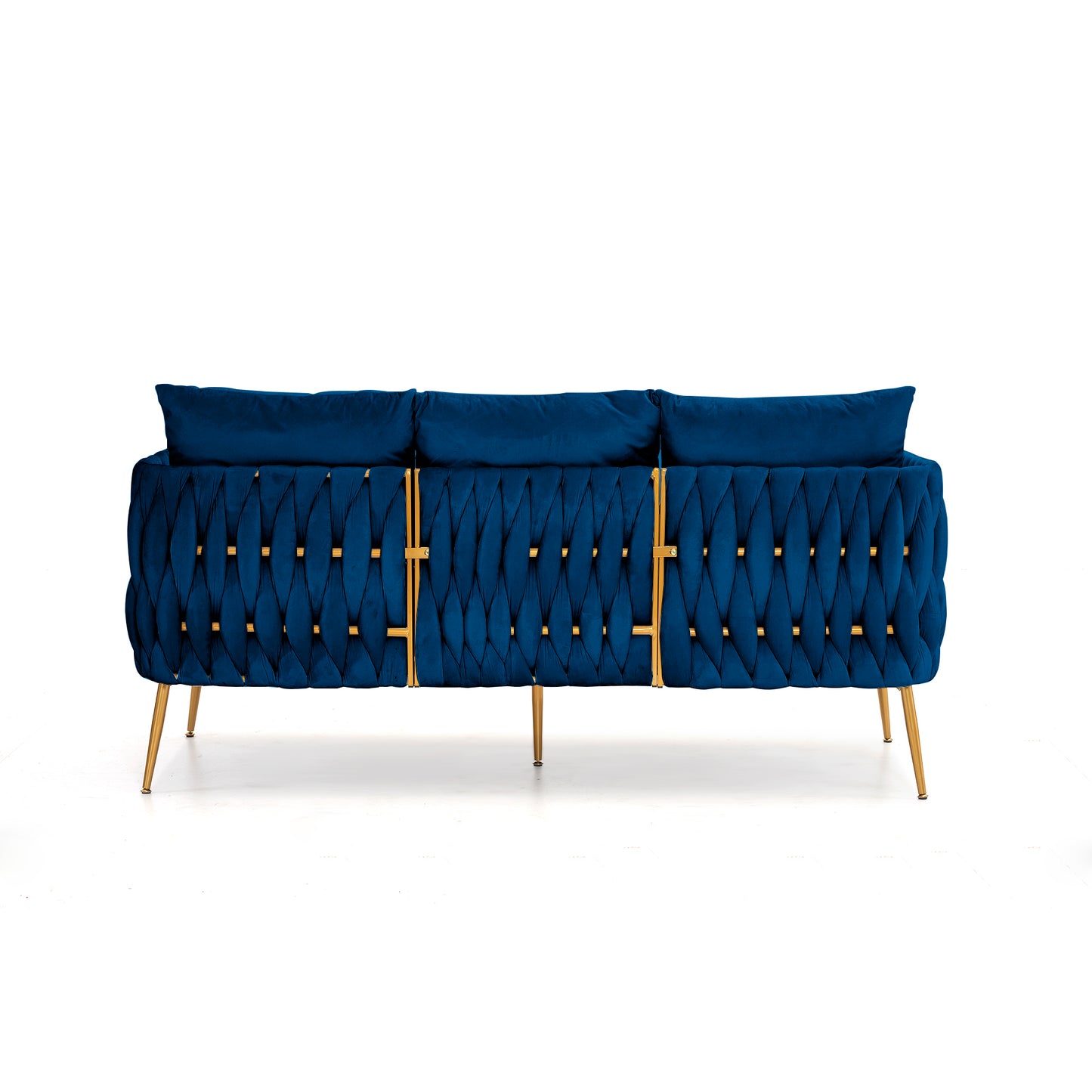 Luxurious 3-Piece Blue Velvet Living Room Set with Handwoven Tufted Backrest and Golden Metal Legs