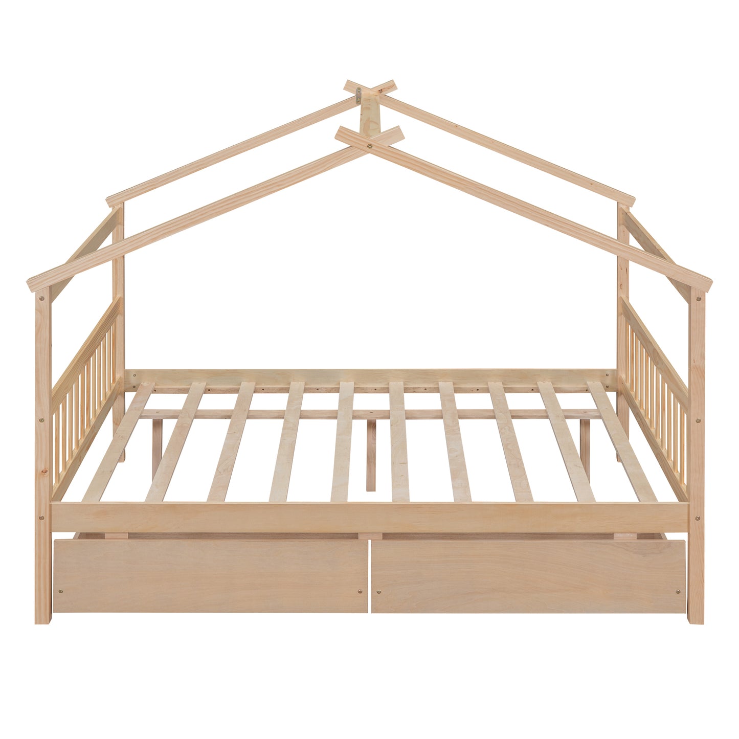 Full Size Wooden House Bed with Drawers, Natural