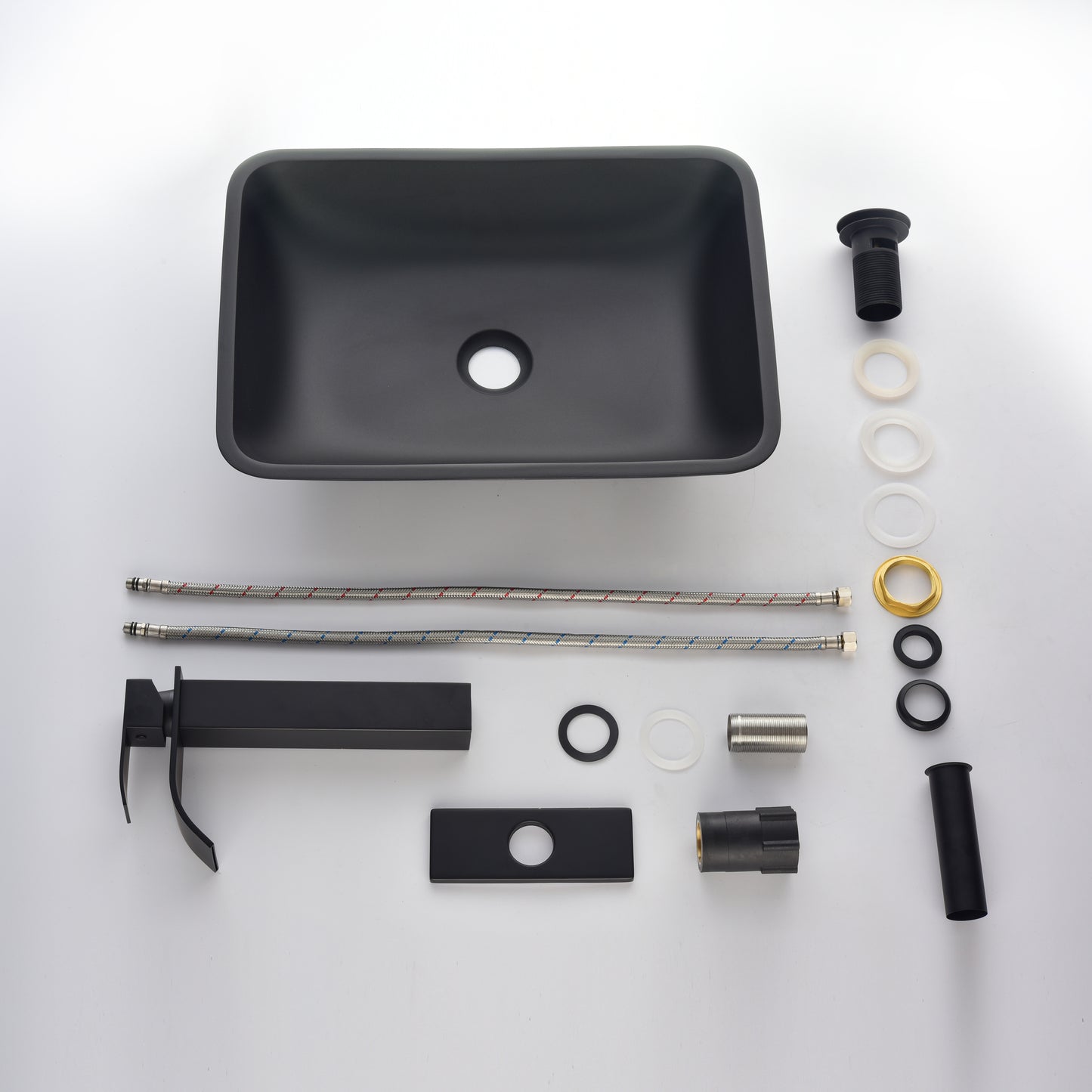 Black Matte Glass Vessel Bathroom Sink Set with Faucet and Drain