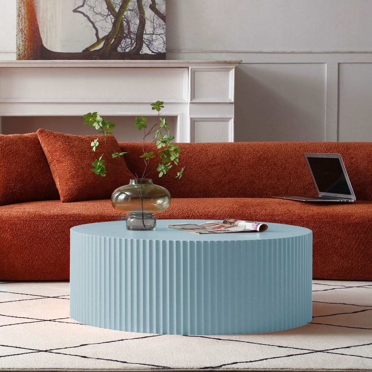 Elegant Light Blue Handcrafted Round Coffee Table with Relief Detailing