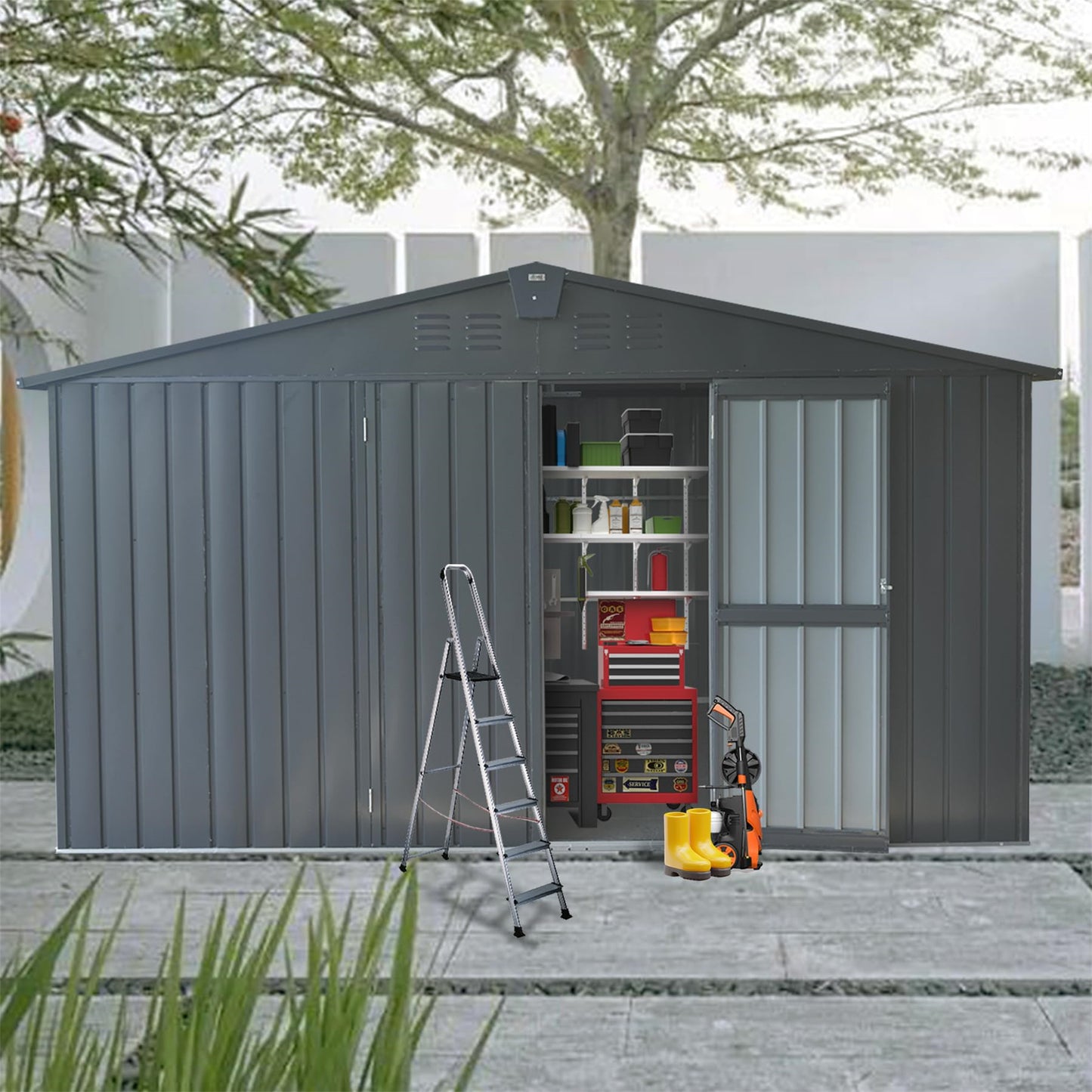 Backyard Storage Shed 11'x 9' with Galvanized Steel Frame & Windows, Outdoor Garden Shed Metal Utility Tool Storage Room with Lockable Door for Patio(Dark Gray)