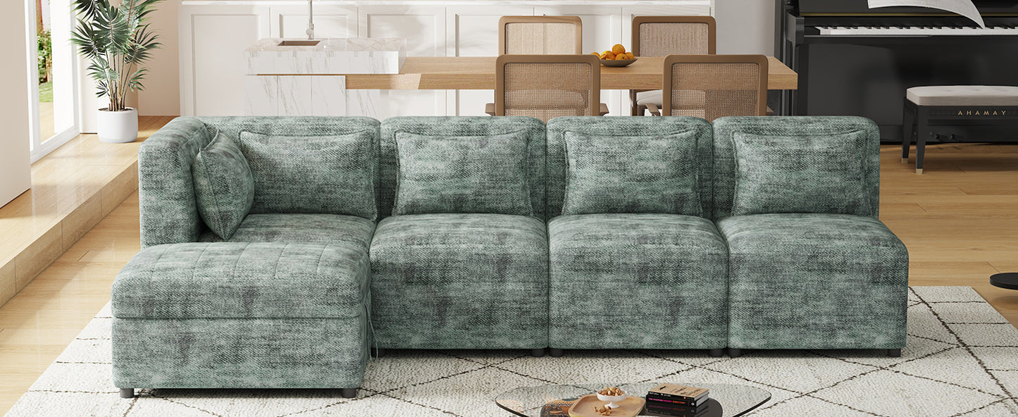 Endless Lounge Creations: Free-Combined Blue-Green Sectional Sofa with Storage Ottoman and 5 Pillows