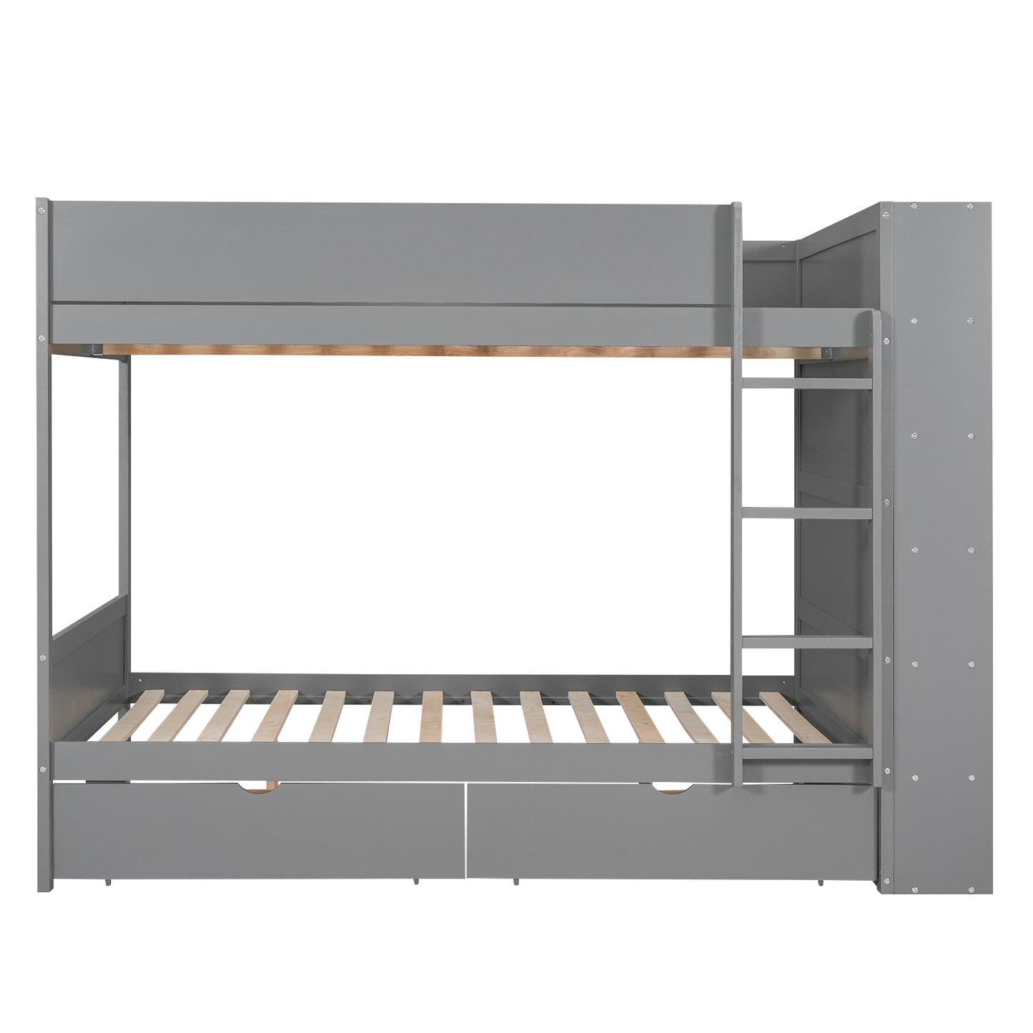 Gray Full over Full Bunk Bed with Storage Drawers and Cabinet for Kids