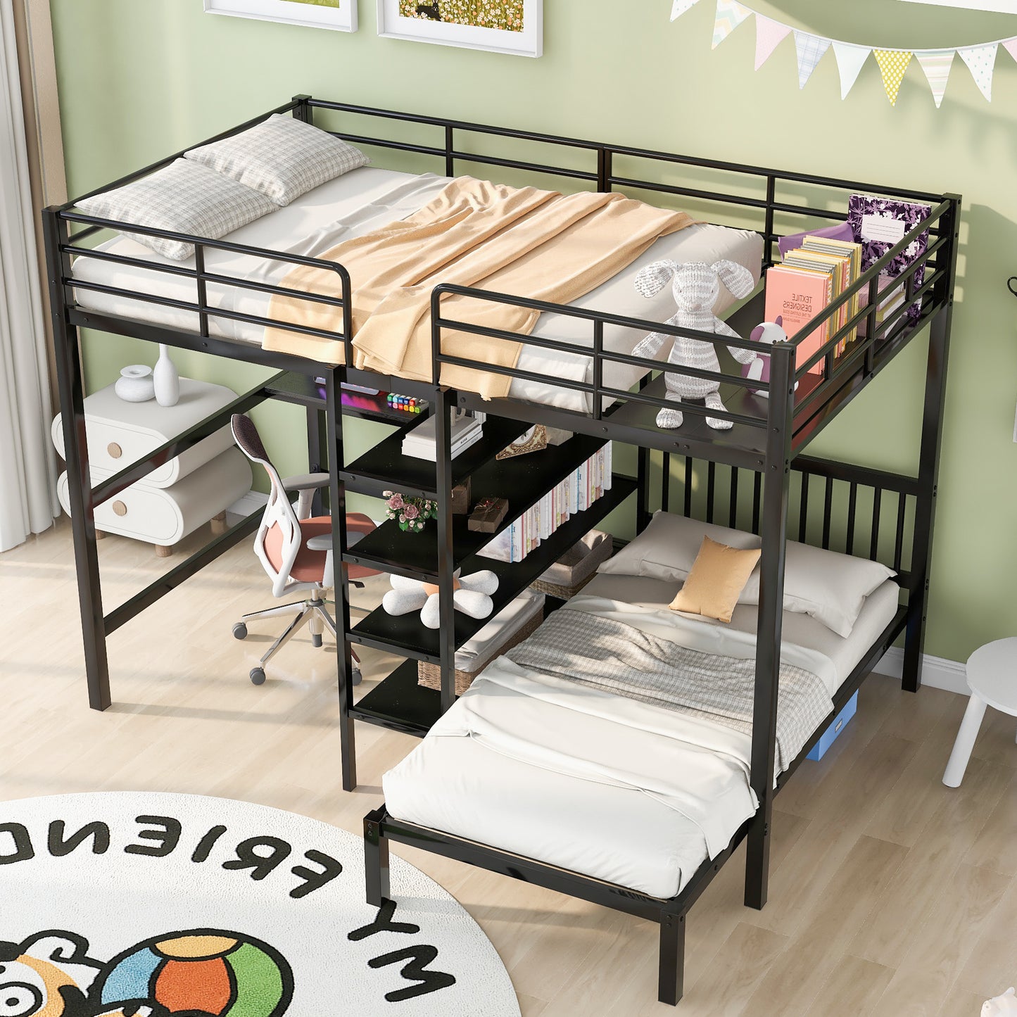 Black Metal Bunk Bed with Desk, Shelves, and Ladder