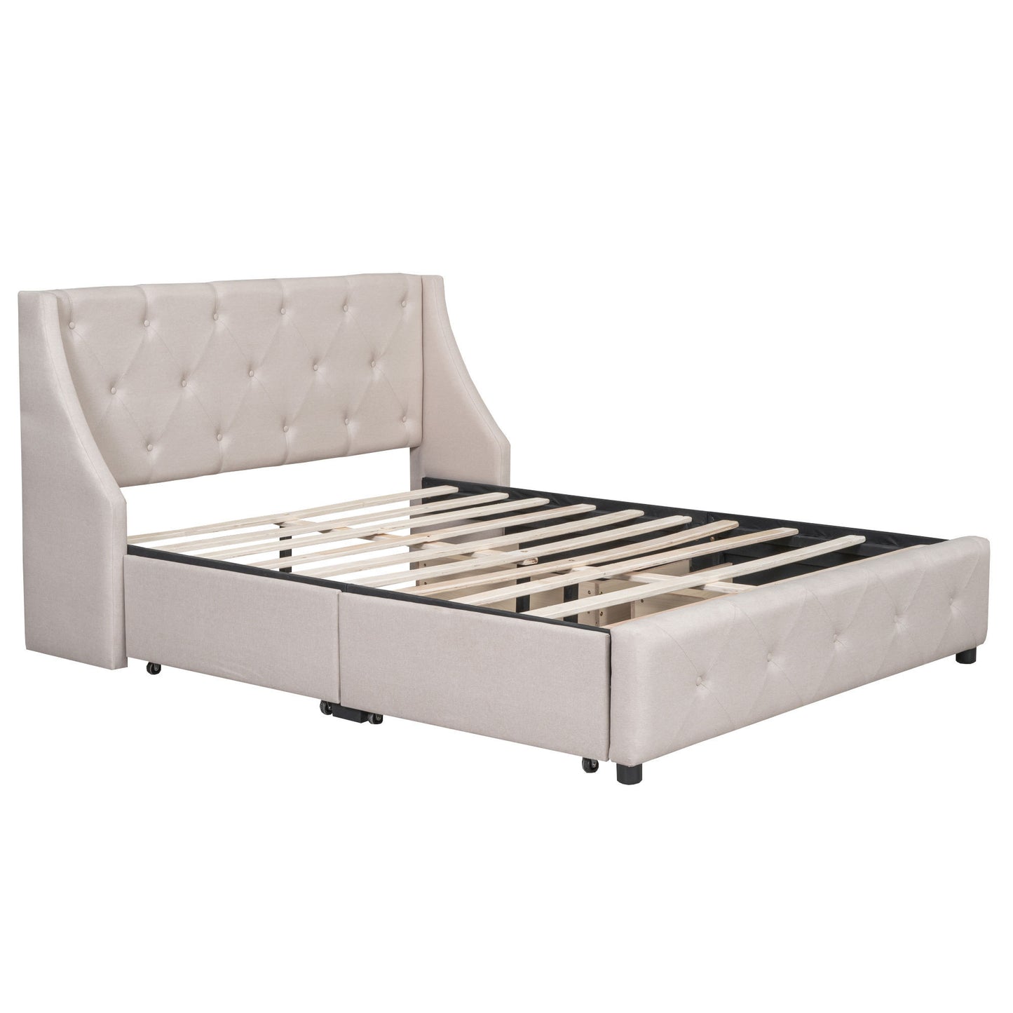 Upholstered Platform Bed with Wingback Tufted Headboard and 4 Drawers, No Box Spring Needed, Linen Fabric, Queen Size Beige