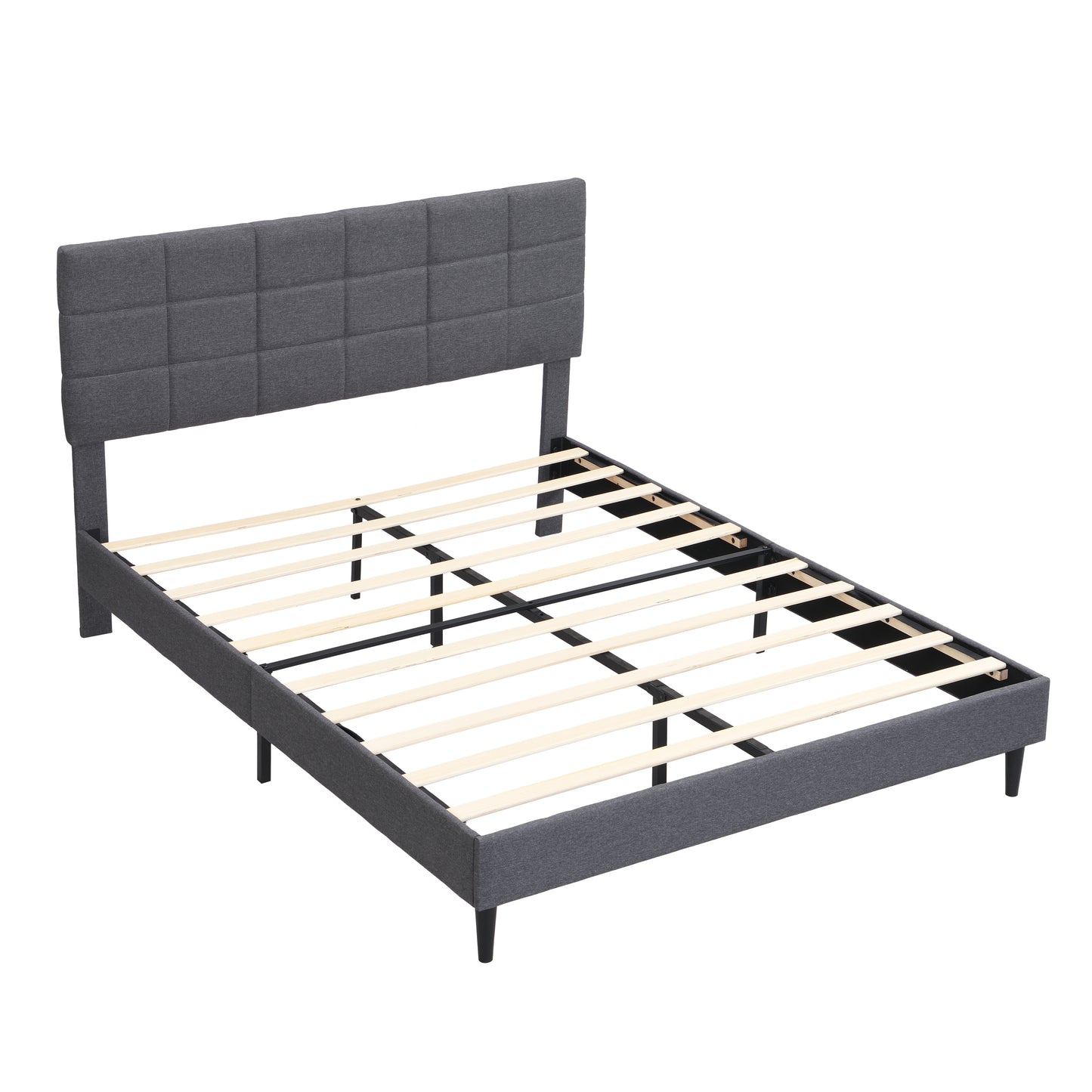 Full Size Platform Bed Frame with Fabric Upholstered Headboard and Wooden Slats, No Box Spring Needed/Easy Assembly, Grey