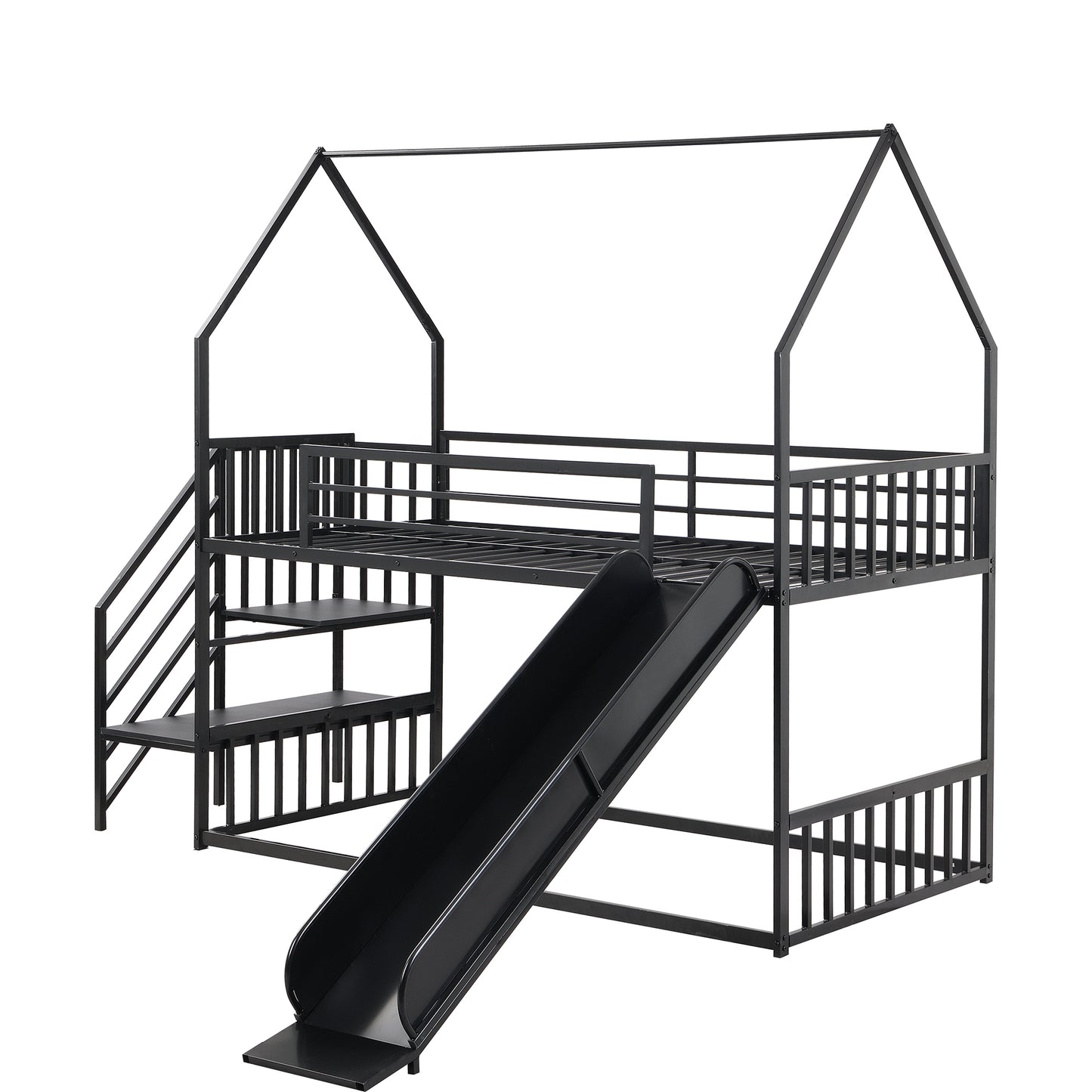 Kids Black Metal Twin Bunk Bed House with Slide and Storage Staircase