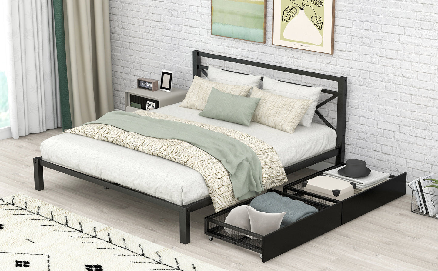 Metal Platform Bed with 2 Drawers, Queen (Black)